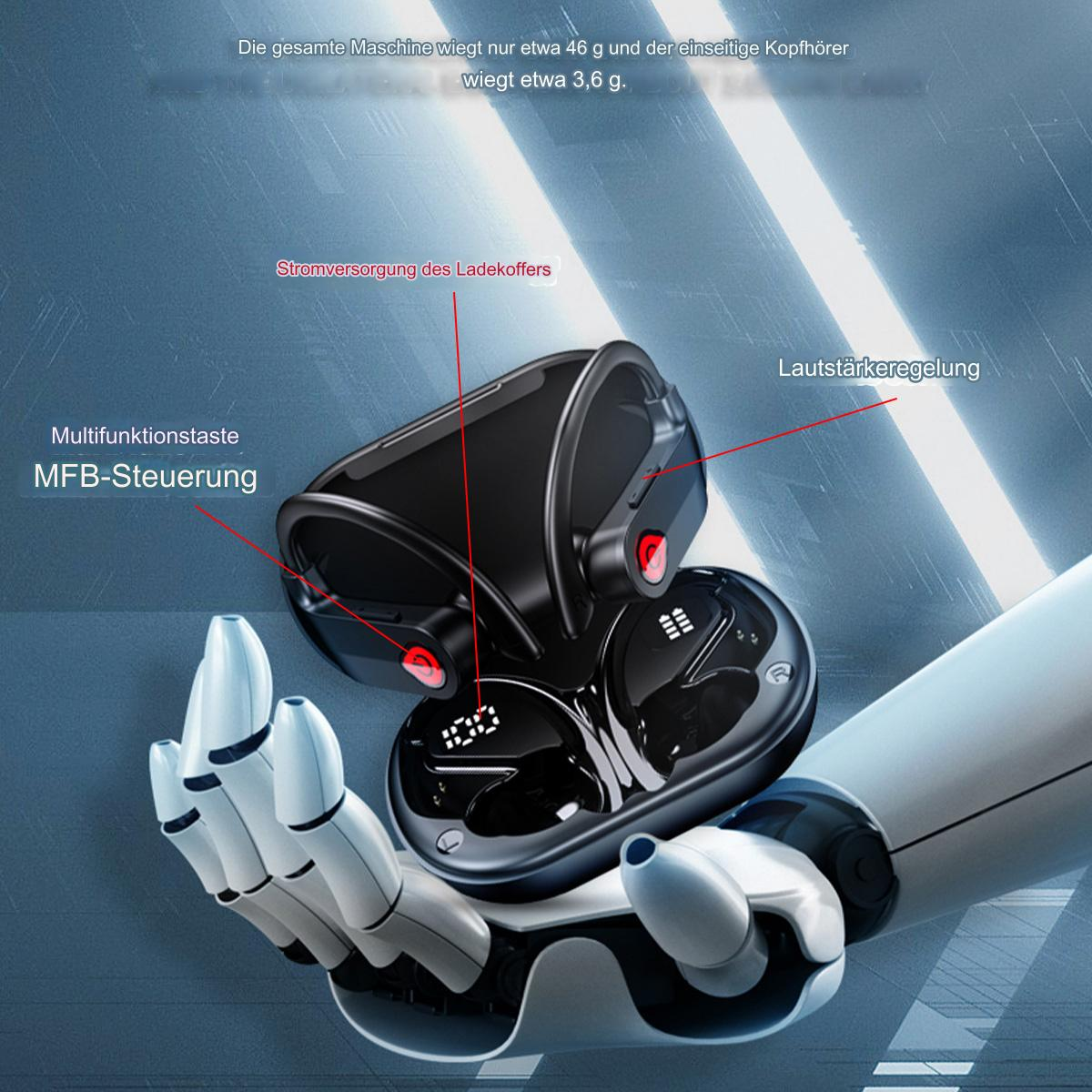 Schwarze kabellose Ohrhörer und Ladecase, rote Akzente. Von Roboterhand gehalten.