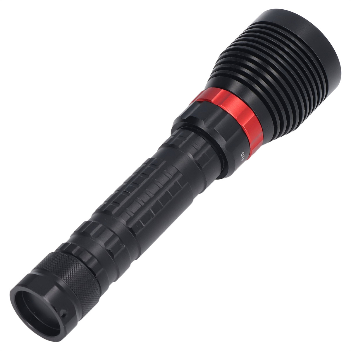 Schwarze Taschenlampe mit rotem Ring und strukturierter Grifffläche. Weißer Hintergrund.