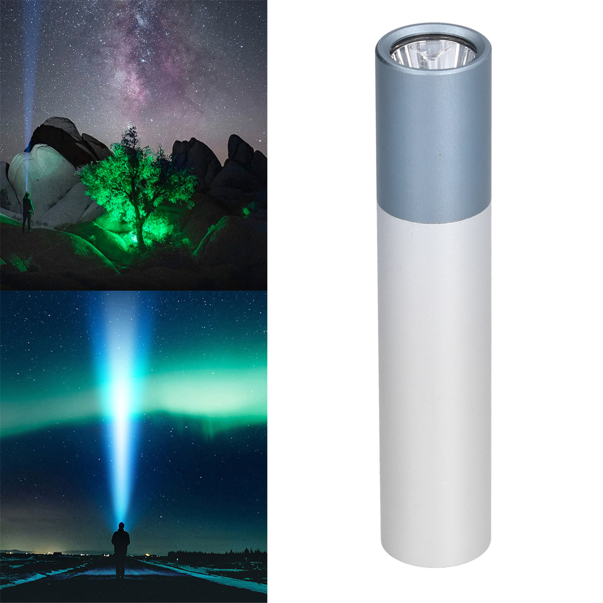 Eine Taschenlampe wird in drei Szenen gezeigt: Sterne, einen Baum und die Aurora Borealis beleuchtend.