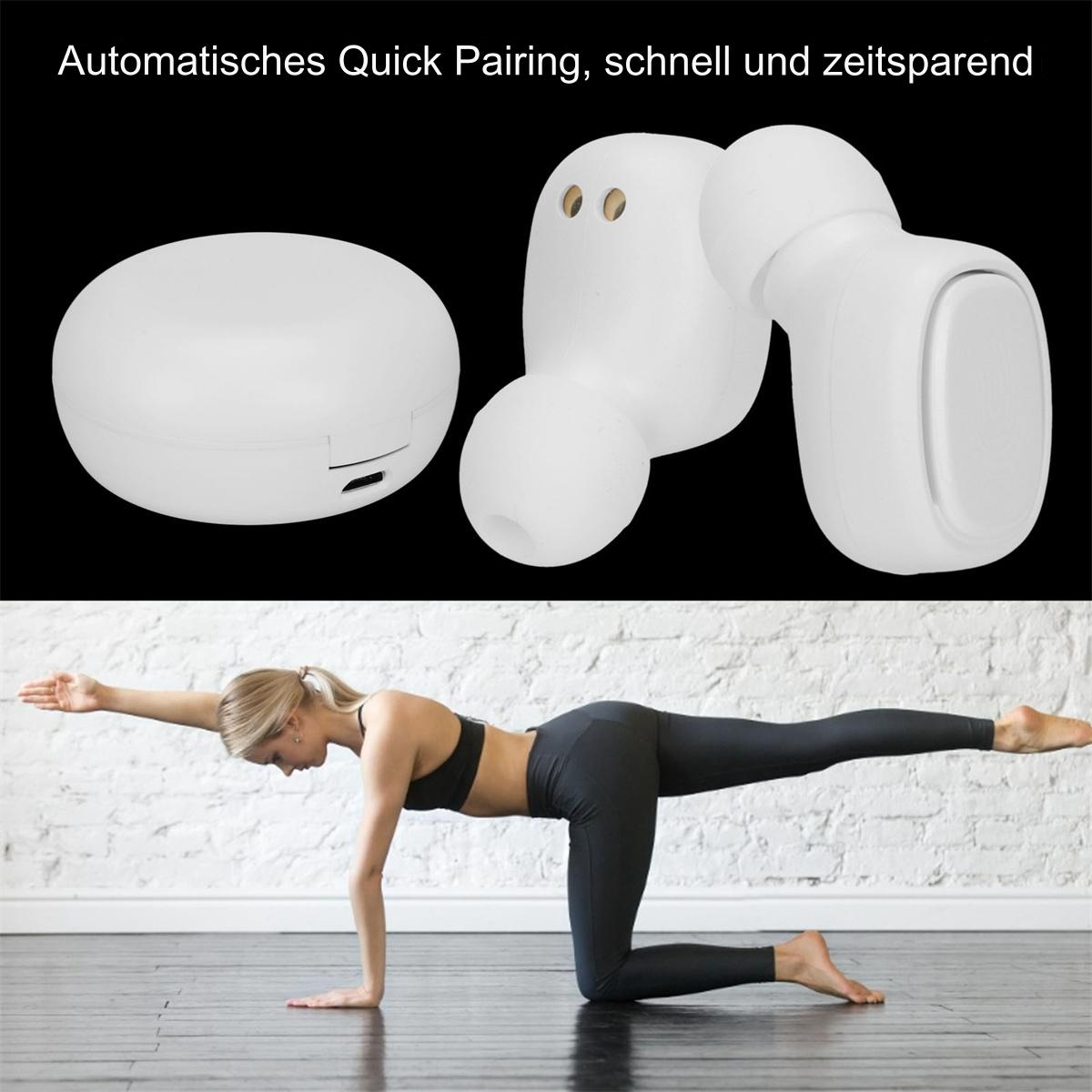 Weiße kabellose Ohrhörer und Case. Frau macht Yoga im Hintergrund. Text: Automatisches Quick Pairing.