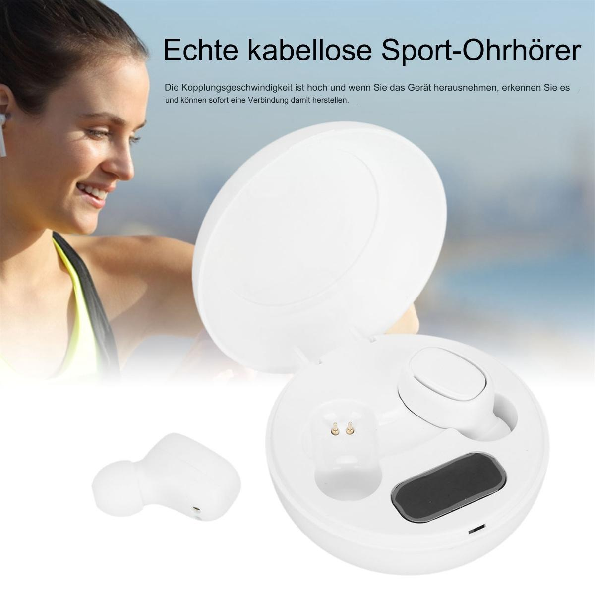 Weiße kabellose Ohrhörer und Ladecase. Im Hintergrund eine Frau.