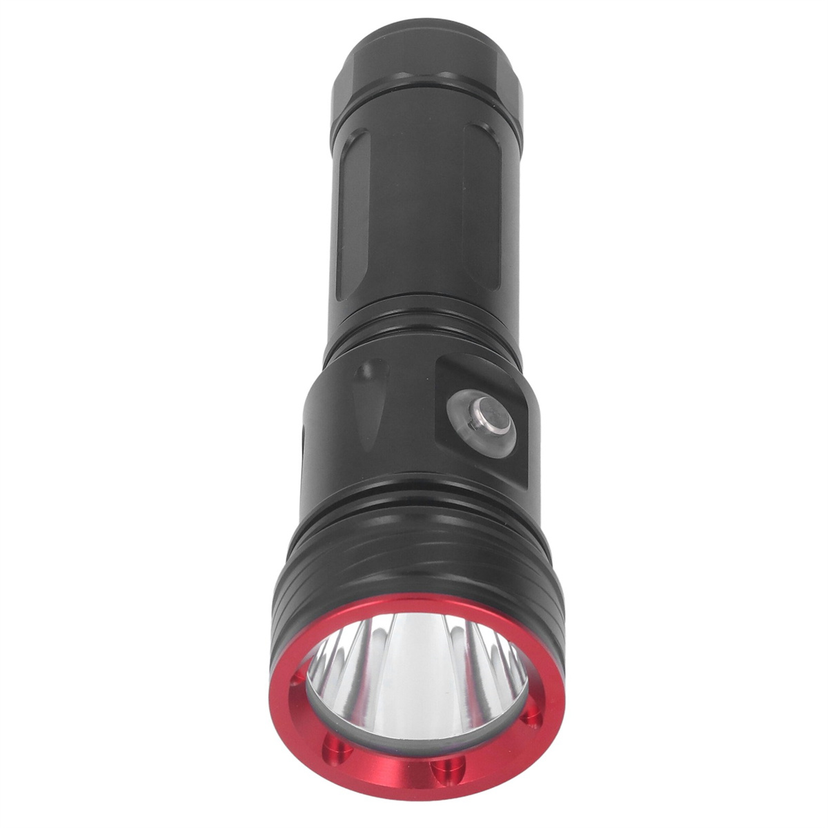 Schwarze Taschenlampe mit rotem Ring um die Linse. Das Licht ist aus.