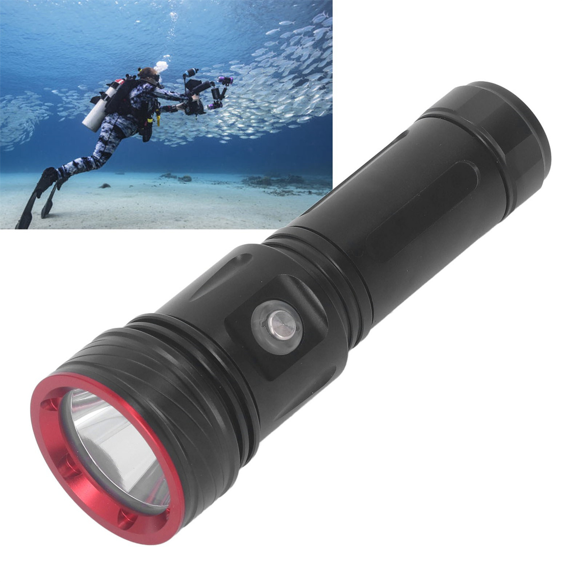 Eine schwarze und rote Tauchlampe, mit einem Taucher im Hintergrund, umgeben von Fischen.