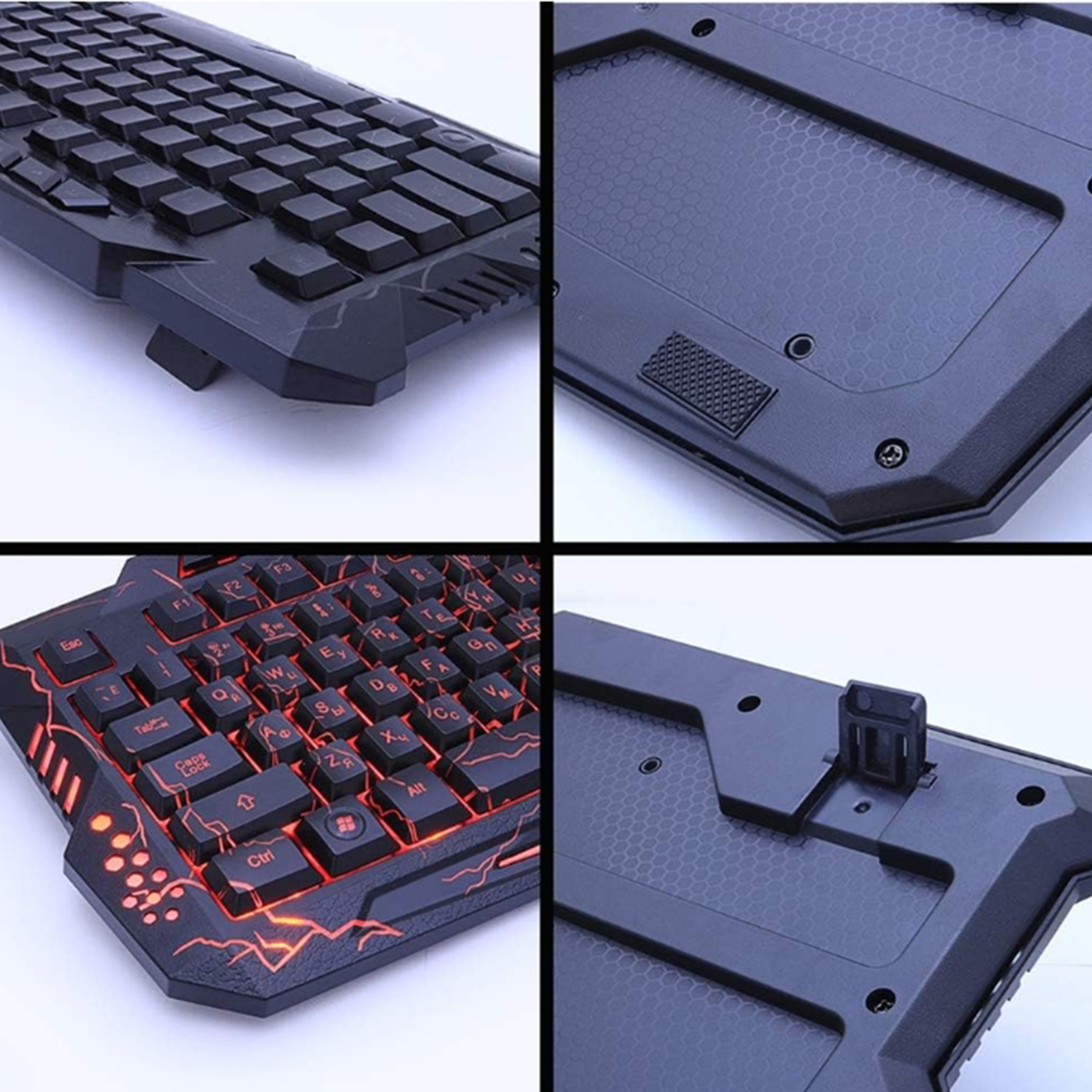 Mehrere Ansichten einer schwarzen Gaming-Tastatur, die Tasten und Designdetails zeigen.