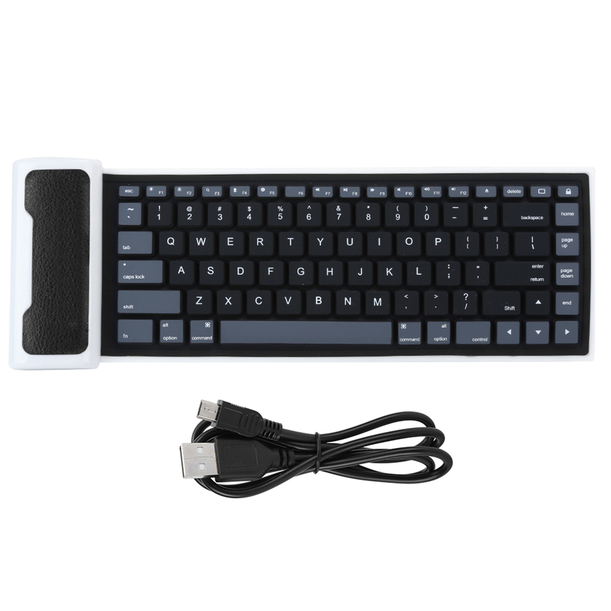Faltbare Tastatur mit schwarzen Tasten und weißem Rand. Enthält ein USB-Kabel.
