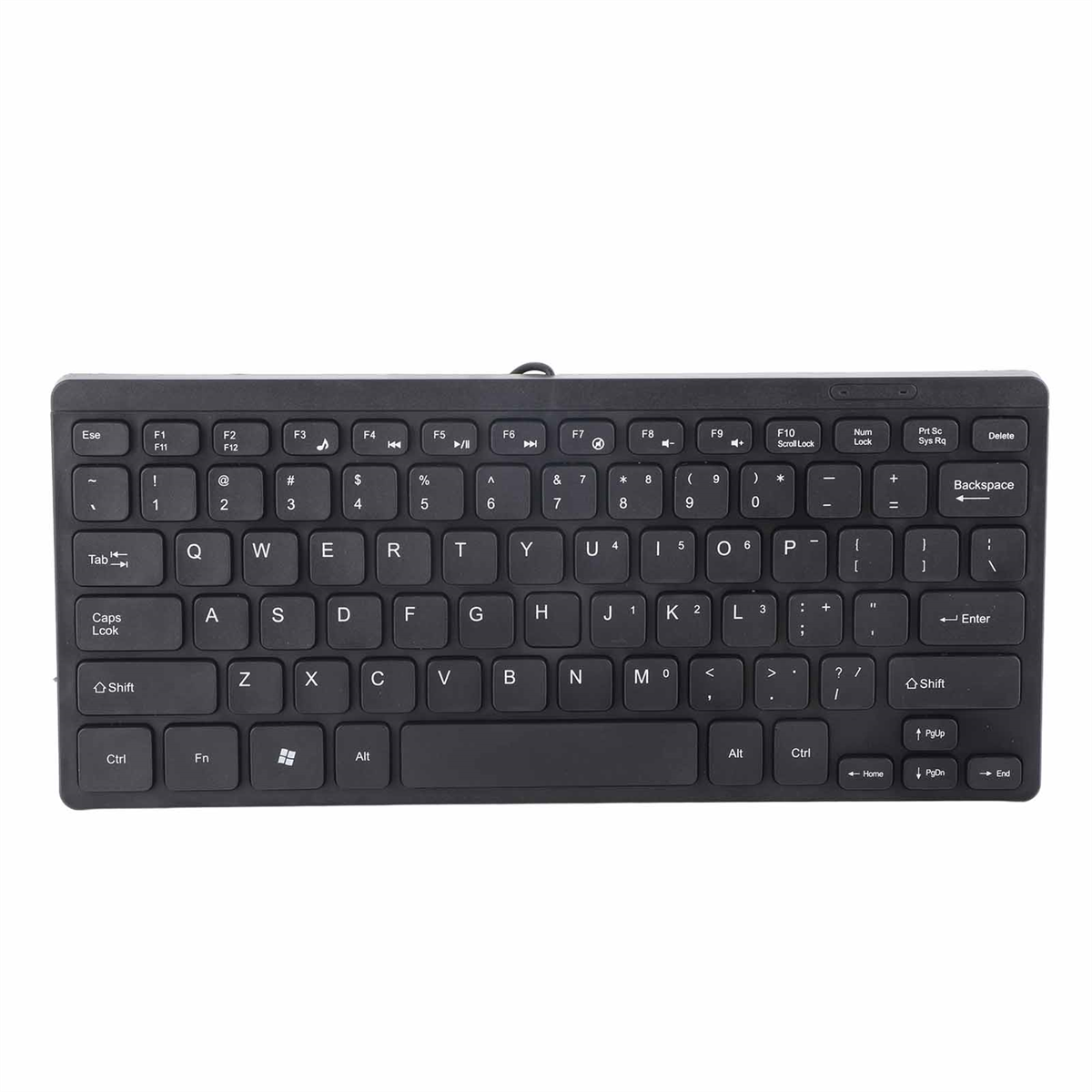 Eine schwarze Tastatur mit weißen Tastenbeschriftungen. Sie hat eine rechteckige Form und liegt auf einem Tisch.
