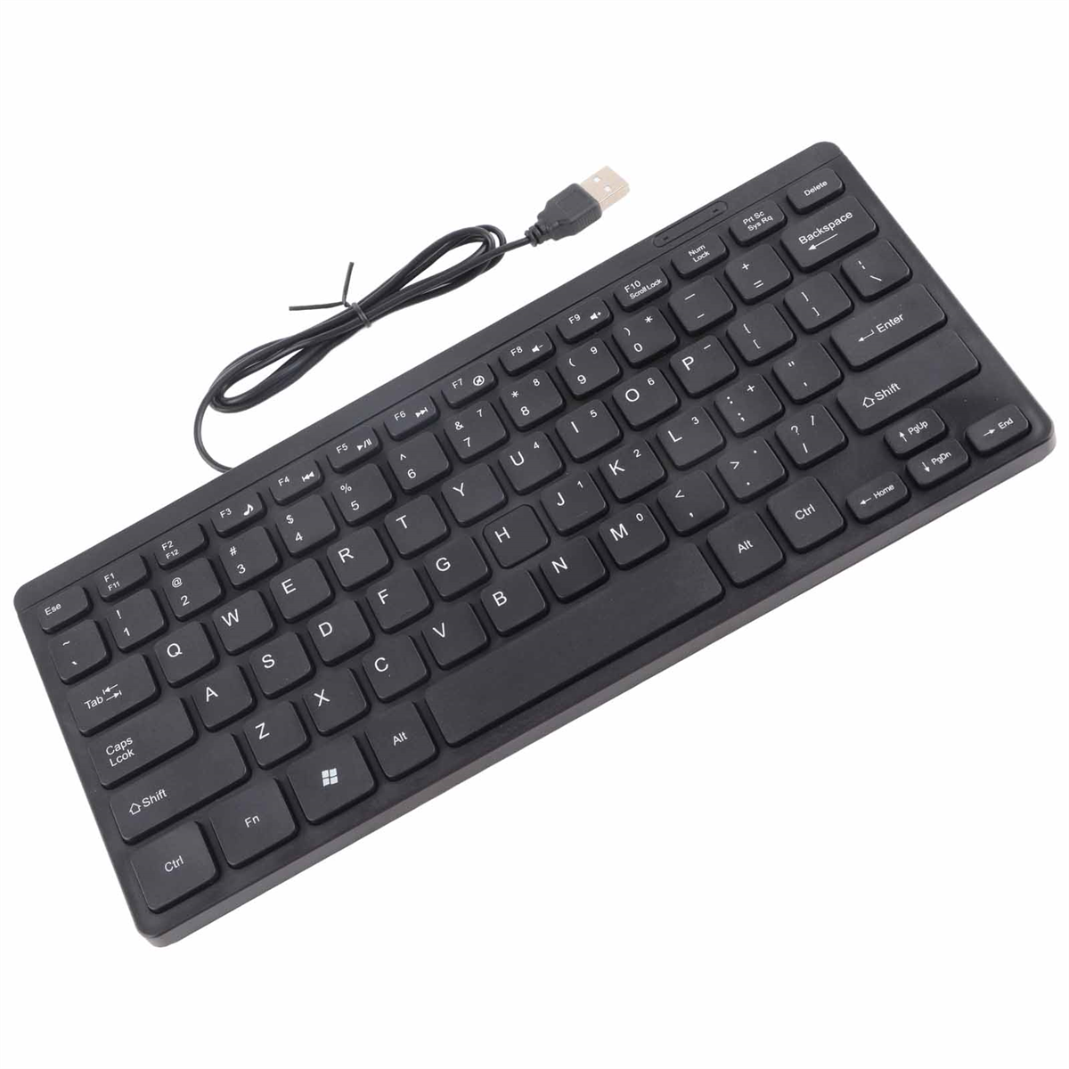 Eine schwarze Kompakt-Tastatur mit USB-Kabel, Tasten sind weiß, auf weißer Oberfläche.