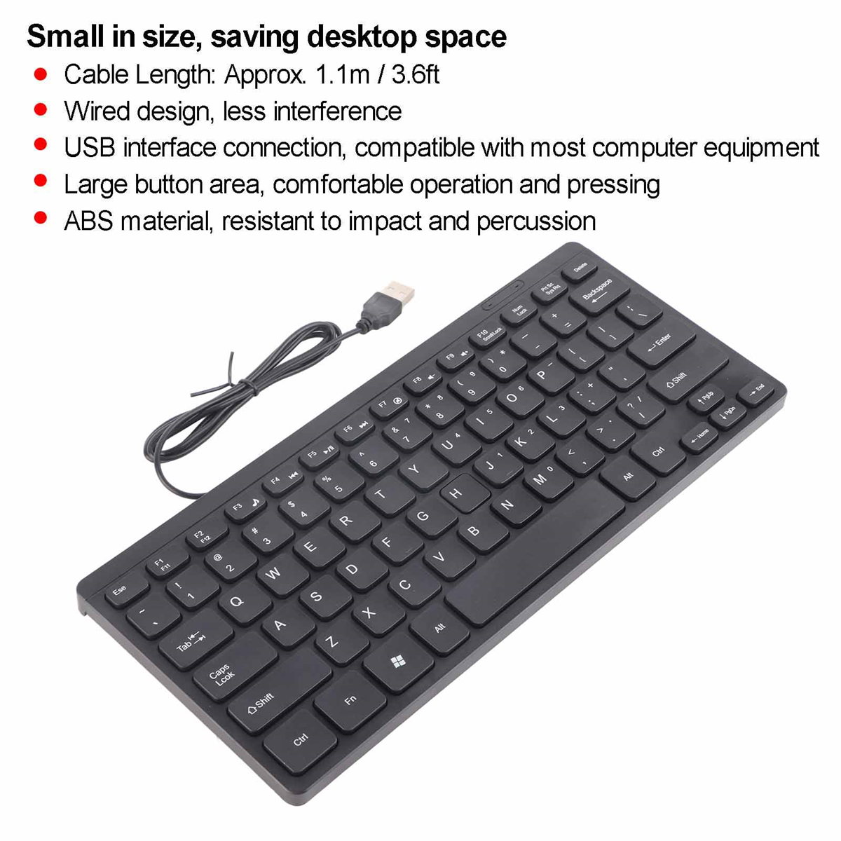 Kompakte schwarze Tastatur mit USB-Kabel und einer Liste ihrer Funktionen.