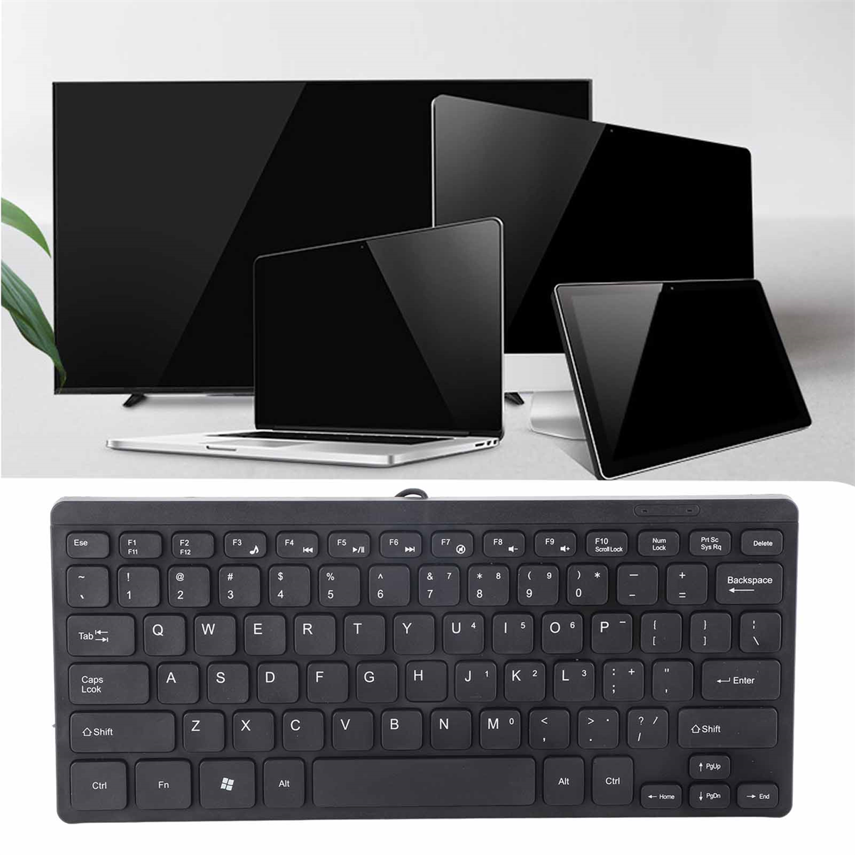 Mehrere Bildschirme und eine Tastatur werden angezeigt. Die Bildschirme sind schwarz, die Tastatur ist schwarz und grau.