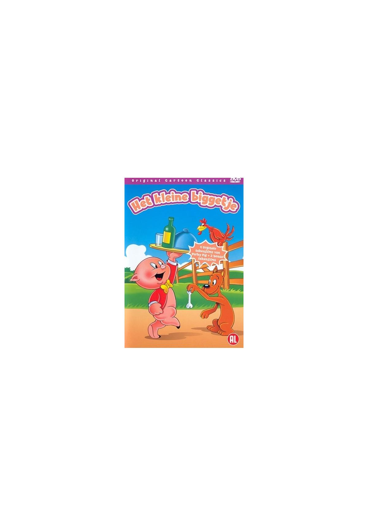 DVD-cover: Cartoonvarken serveert eten. Titel: Het Kleine Biggetje.