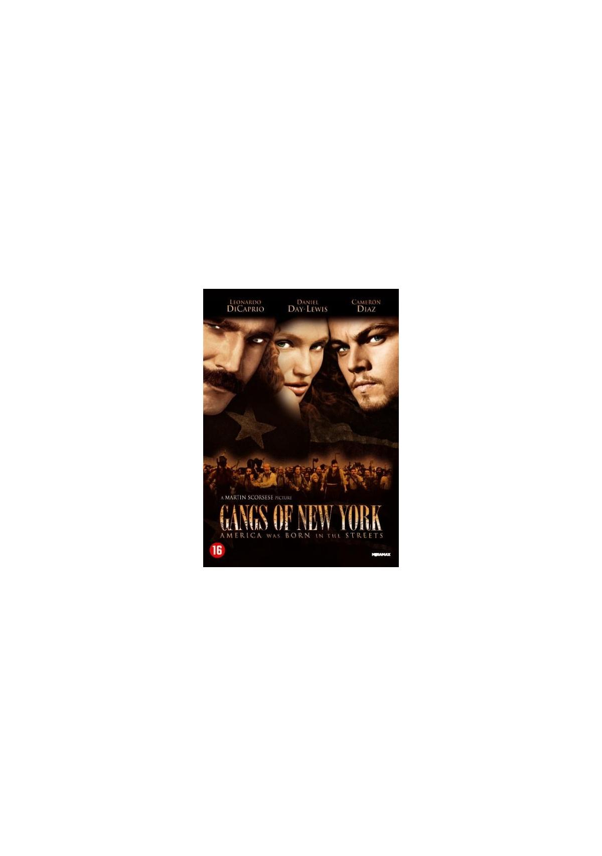 Gangs of New York filmposter met drie gezichten en een menigte. De titel is wit.