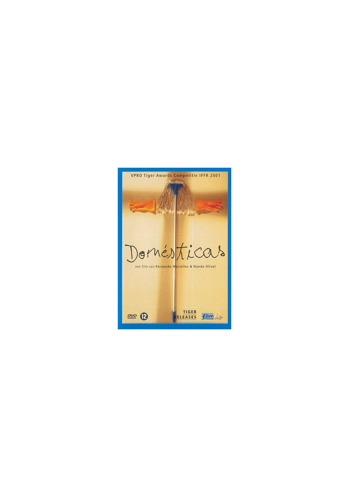 Couverture DVD avec une serpillière et le titre 'Domésticas'. Il a un cadre bleu.