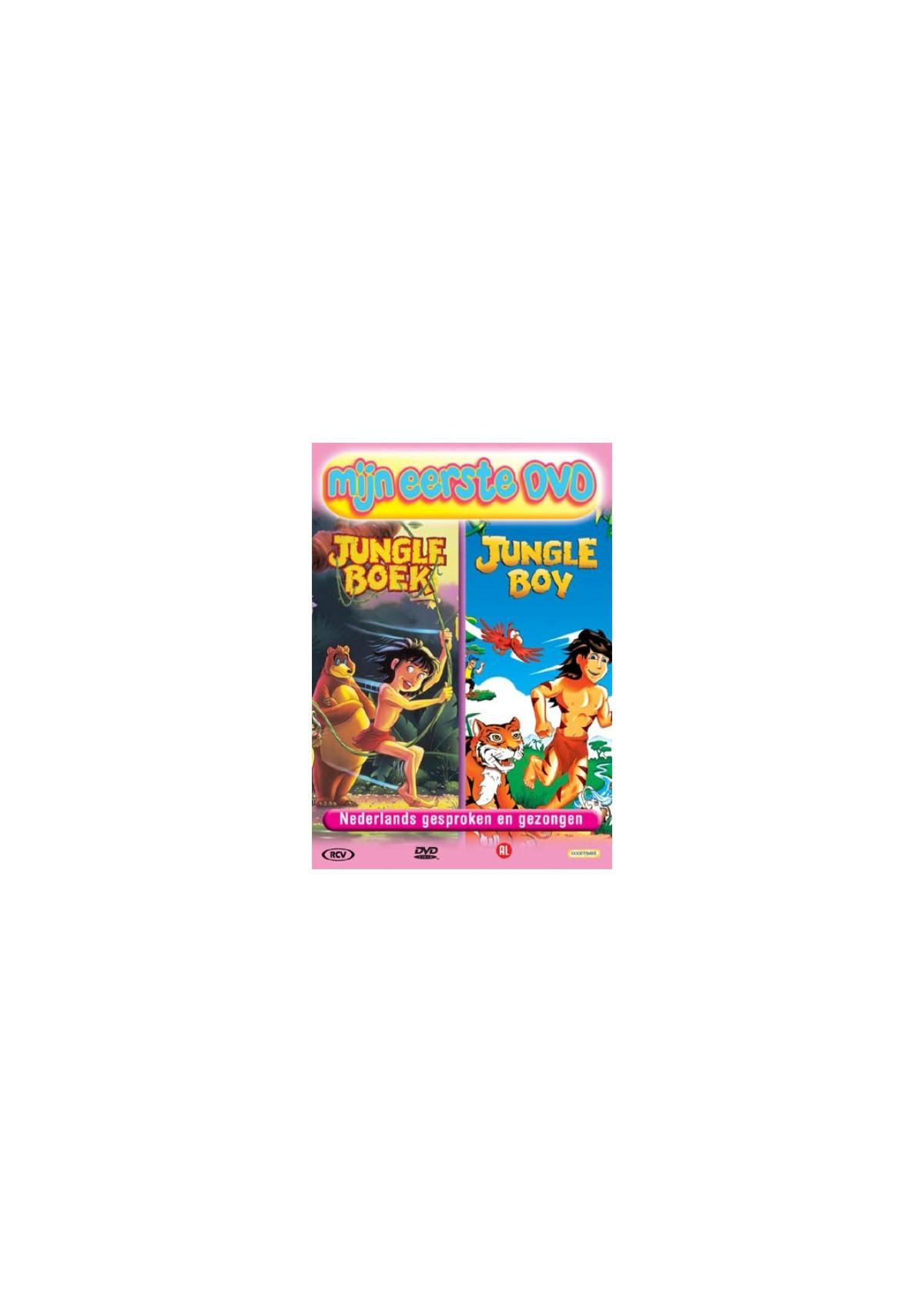 Couverture DVD avec illustrations 'Livre de la Jungle' et 'Jungle Boy', cadre rose, texte néerlandais.