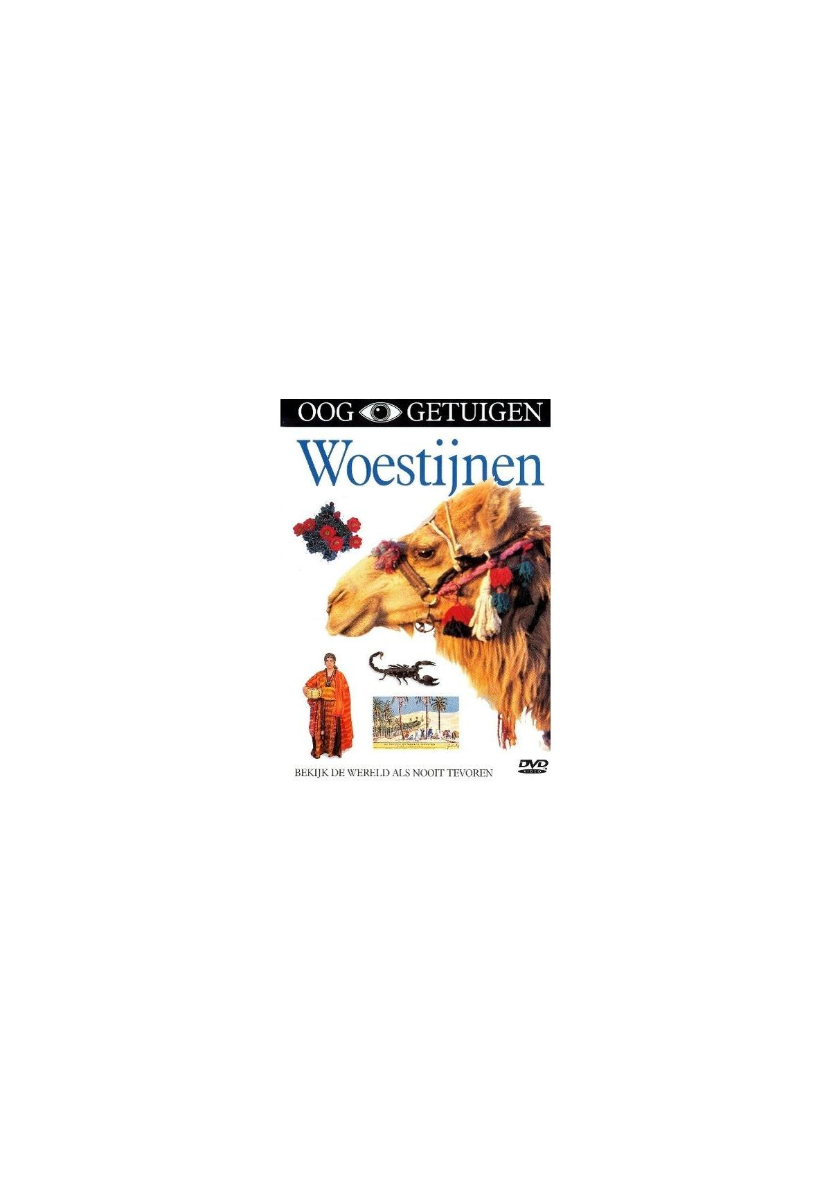 Une couverture de DVD avec un chameau, une personne et des éléments du désert, avec le titre 'Woestijnen'.