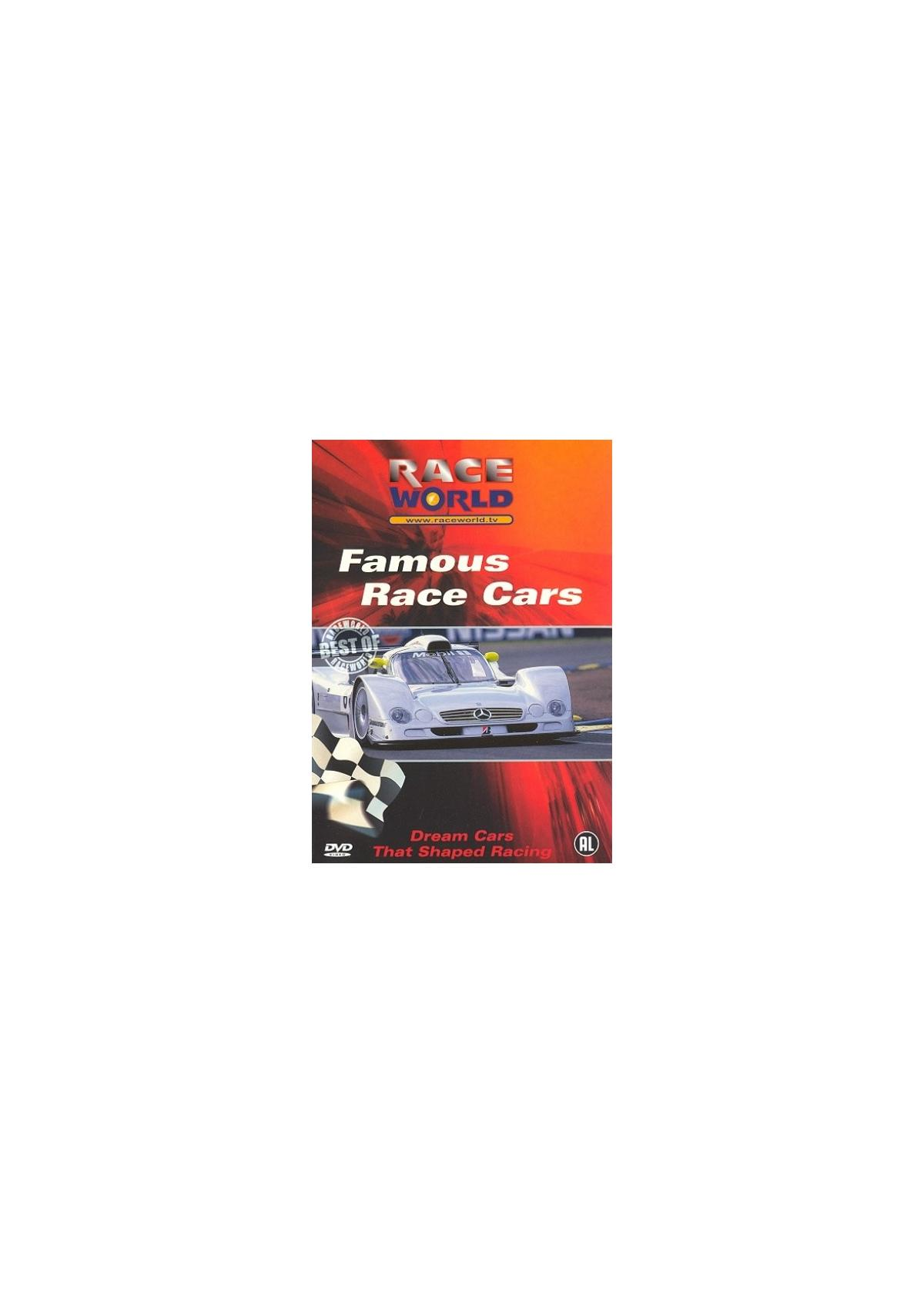 Couverture DVD, une voiture de course sur une piste avec texte : Race World, Famous Race Cars.