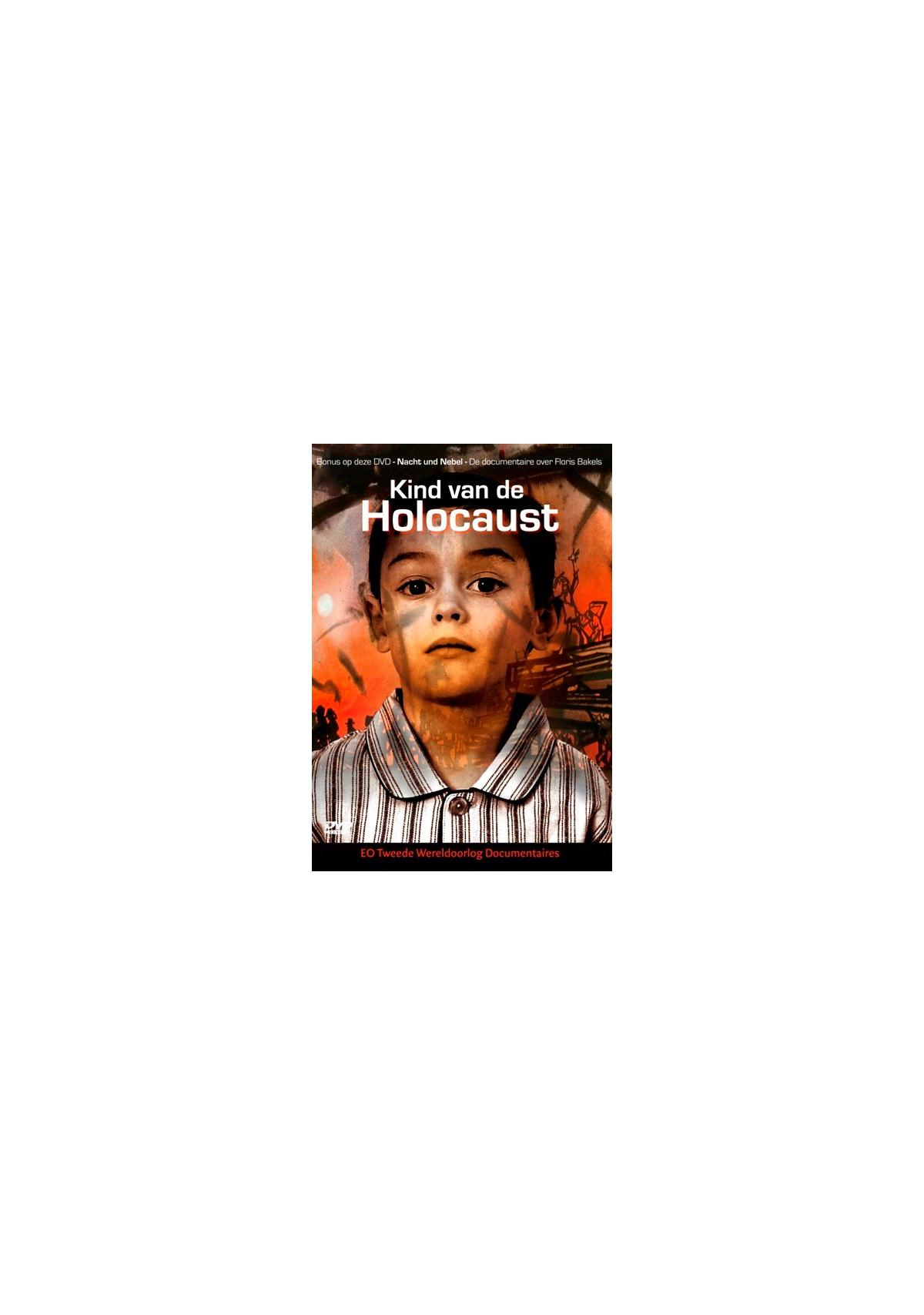 DVD-hoes voor 'Kind van de Holocaust'. Een jongen kijkt de kijker aan. Bruin, oranje en grijstinten.
