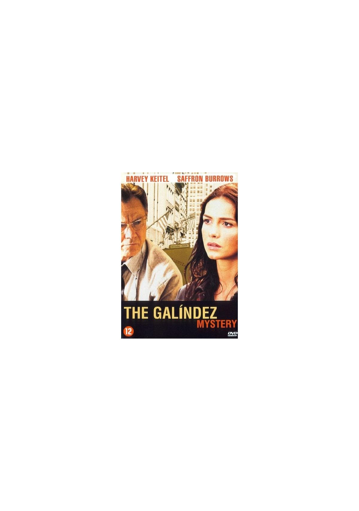 Couverture DVD de 'The Galindez Mystery'. Harvey Keitel et Saffron Burrows. Tons marron et blanc.