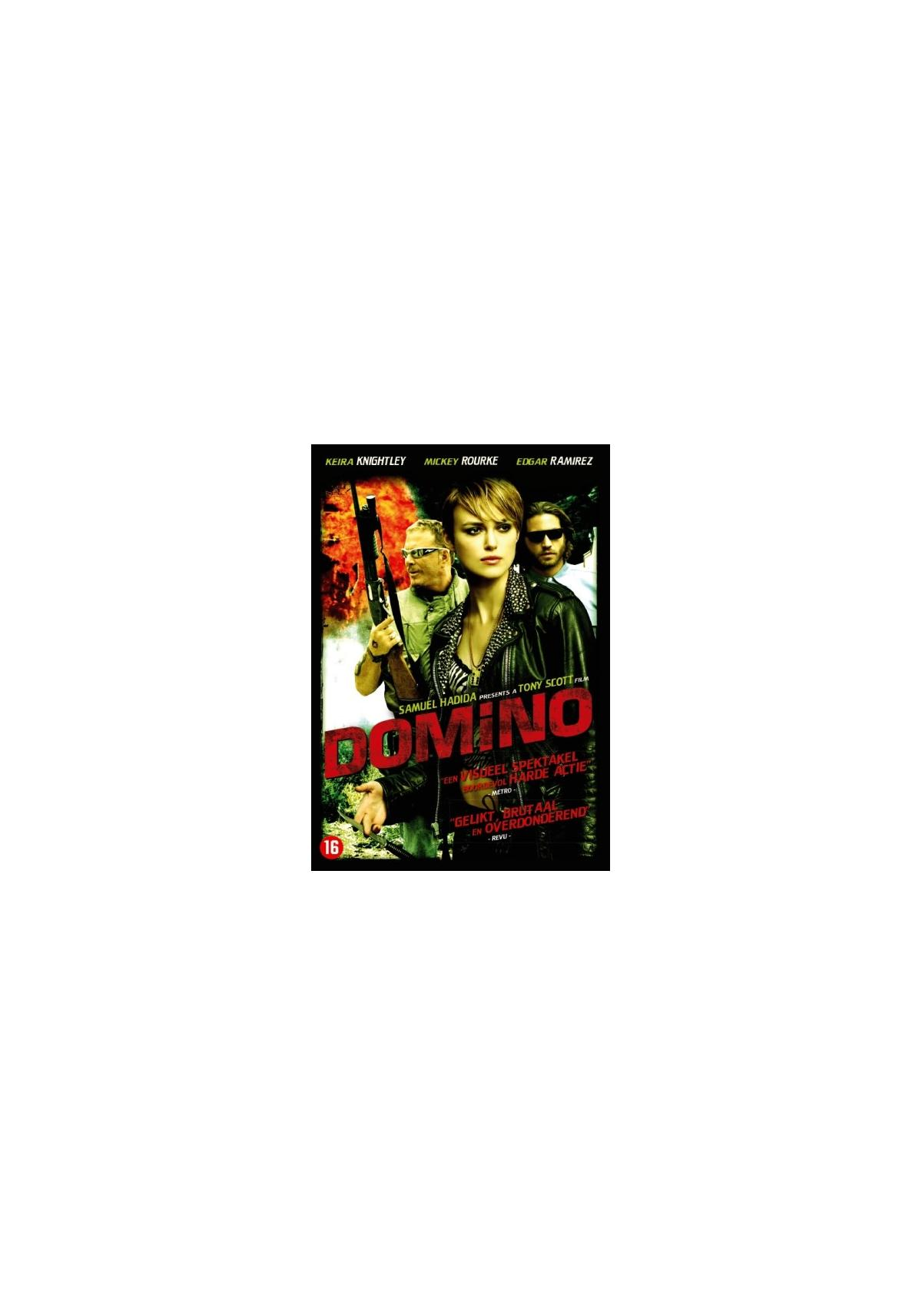 Couverture de DVD, une femme tenant une arme sur la couverture, intitulée "Domino".