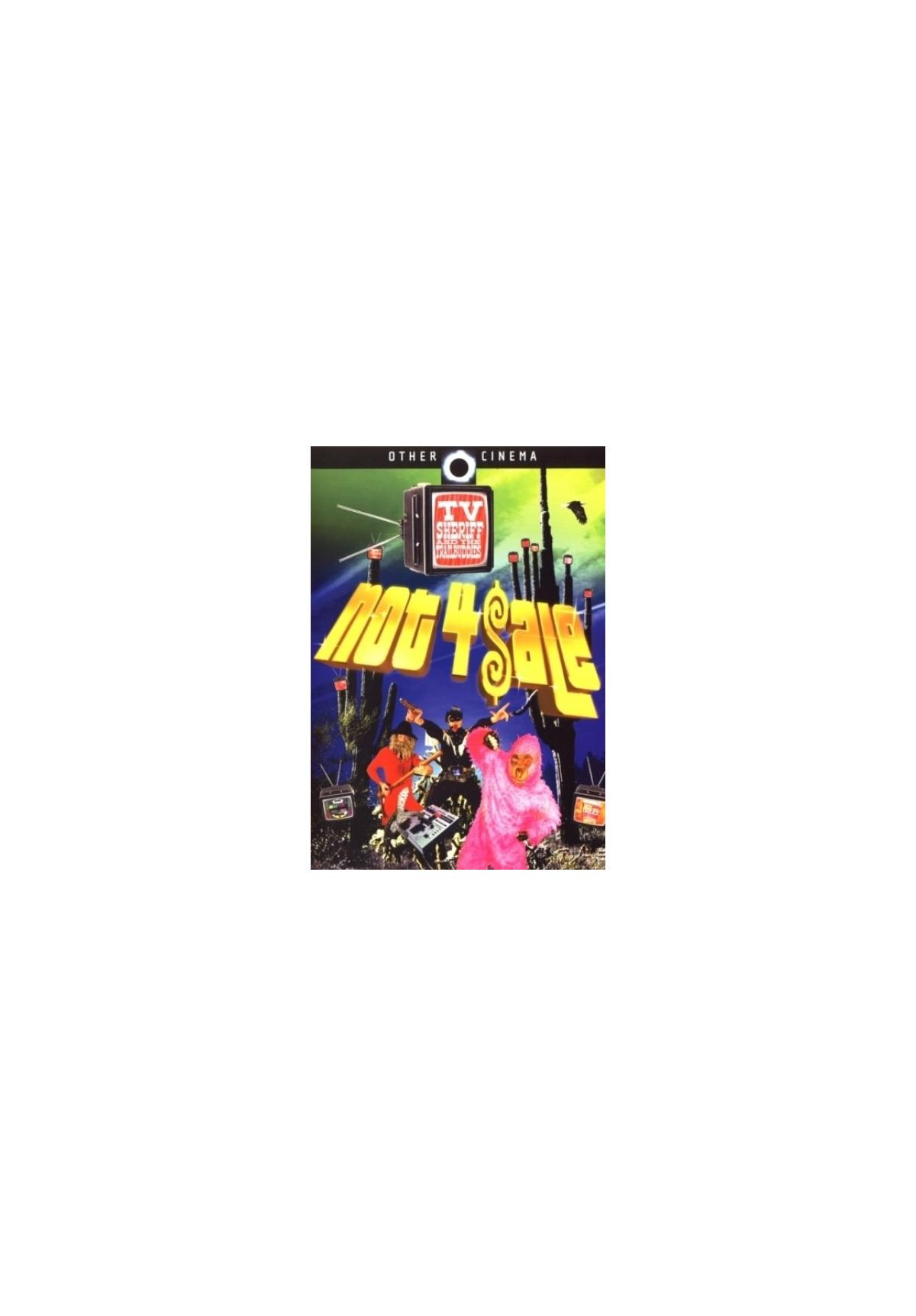 DVD-hoes van 'Not 4 Sale'. Acteurs met een roze monster, tv en diverse objecten. Blauw en groen.