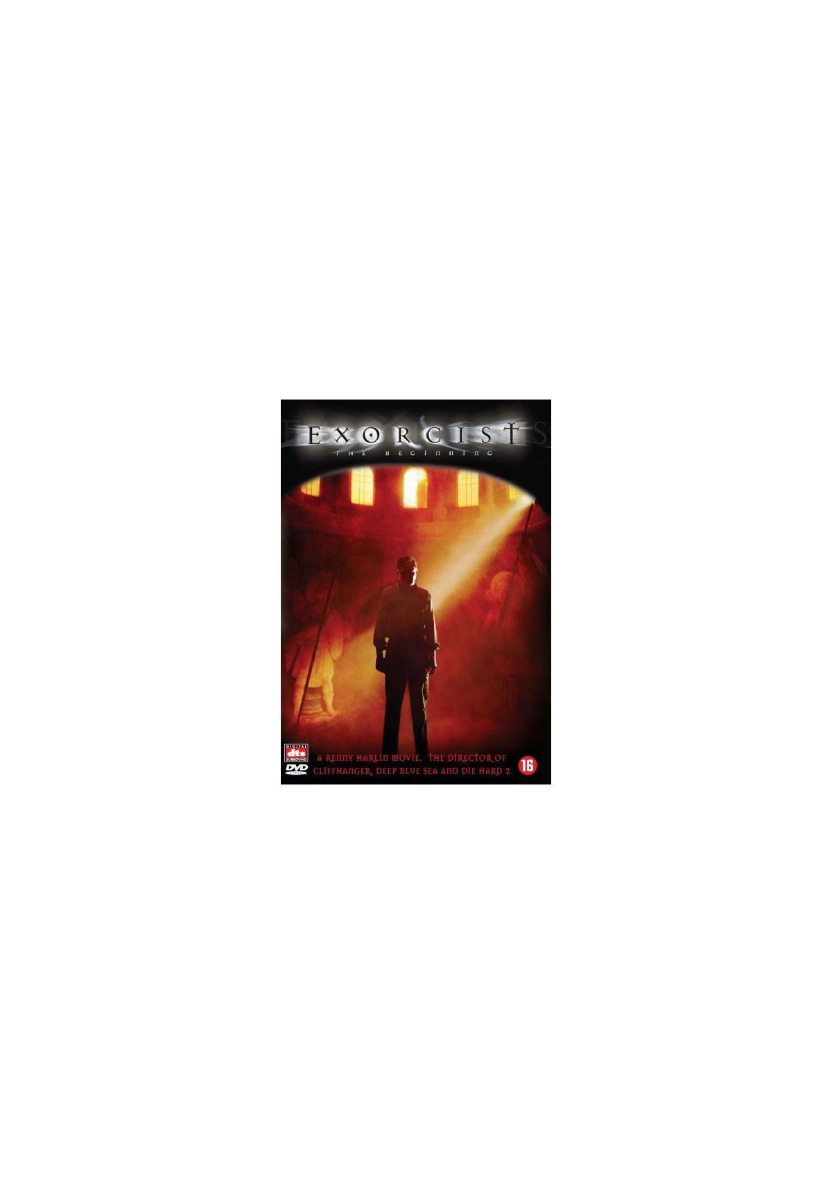 DVD-hoes van 'Exorcist: The Beginning' met een man in een kerk.