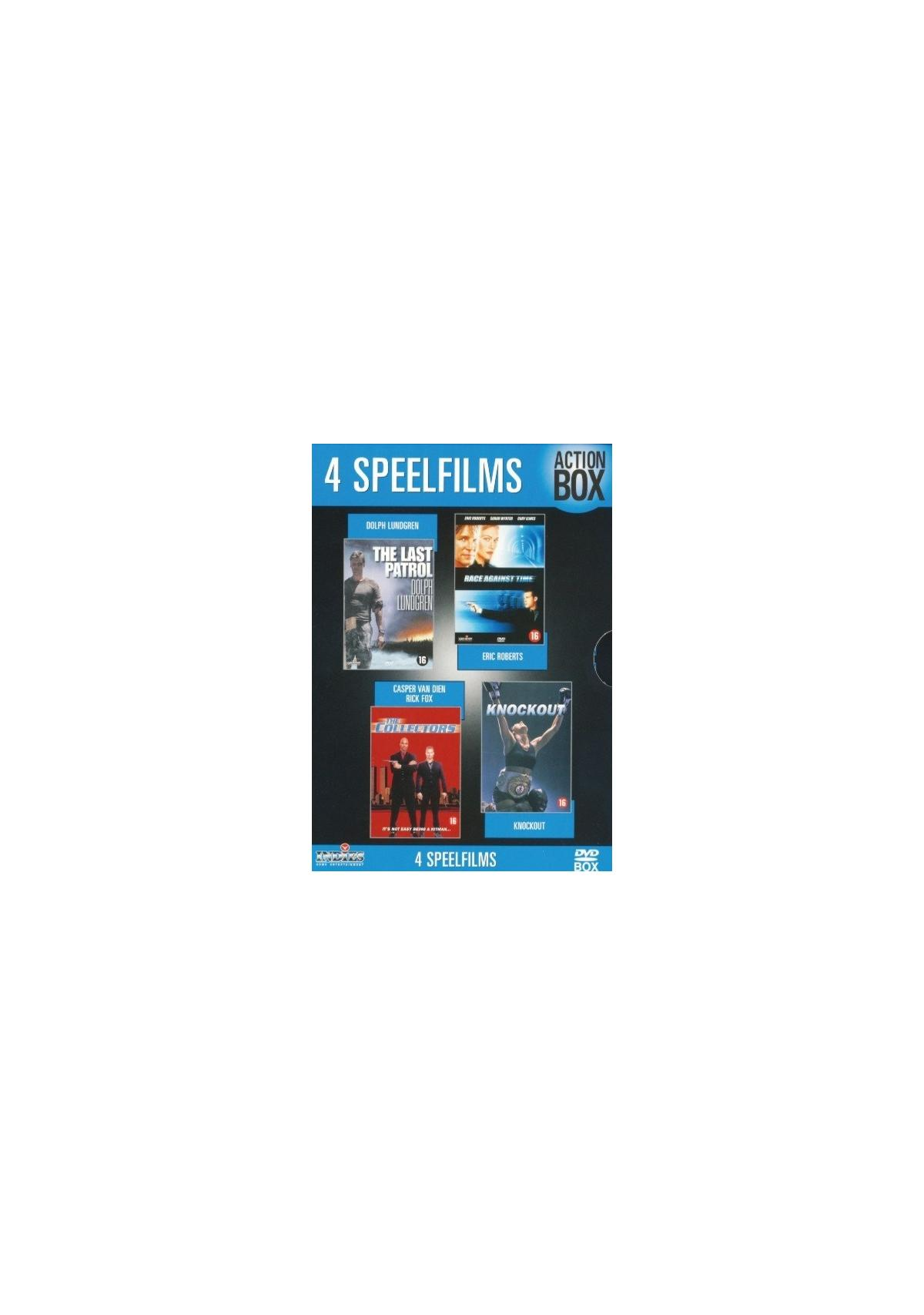 DVD-boxset met vier DVD-covers erin. Rood, wit en zwart. Verschillende actie film covers.