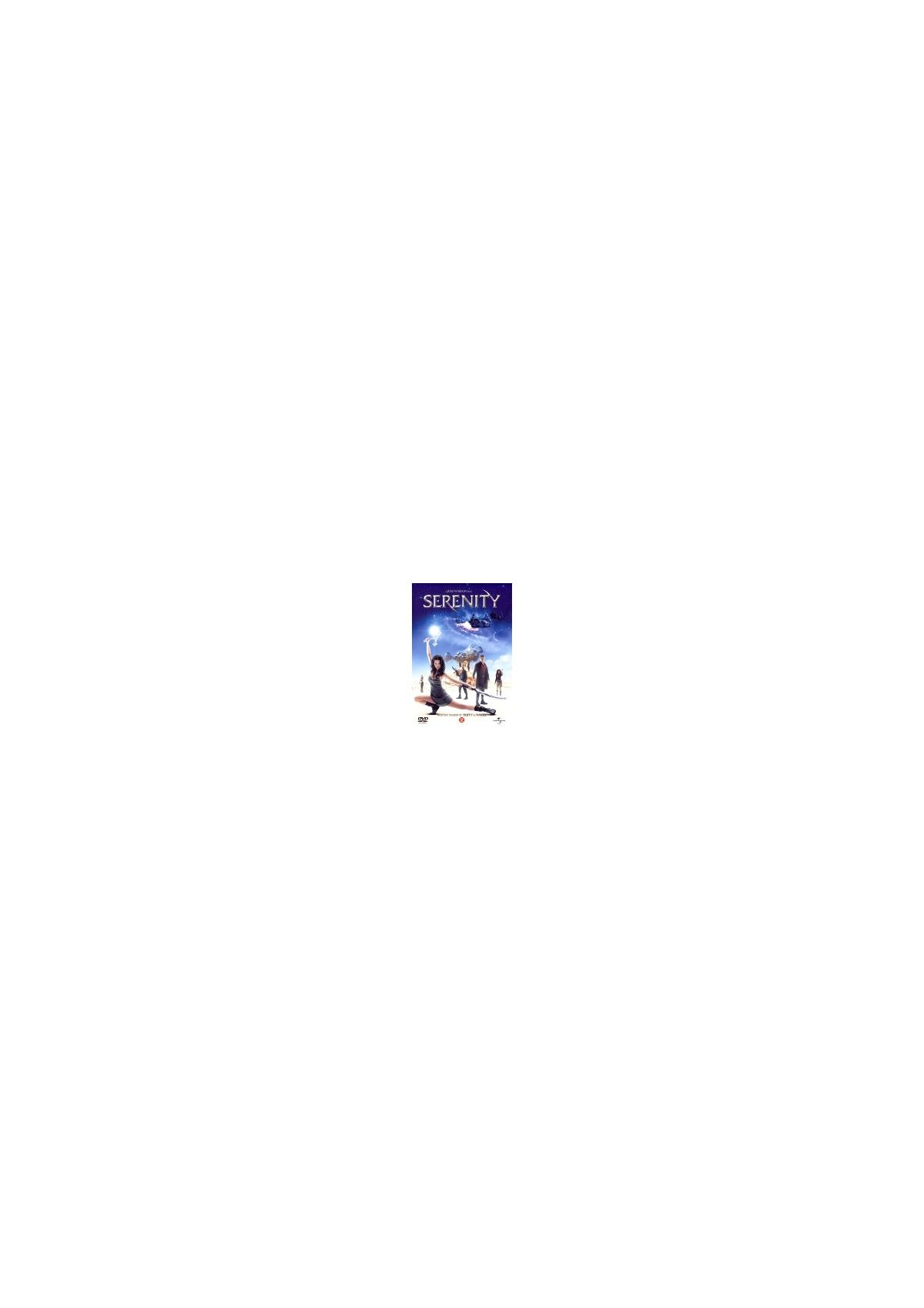 DVD-hoes: Mensen op een strand, titel: Serenity. Blauwe lucht op de achtergrond. De DVD-hoes.