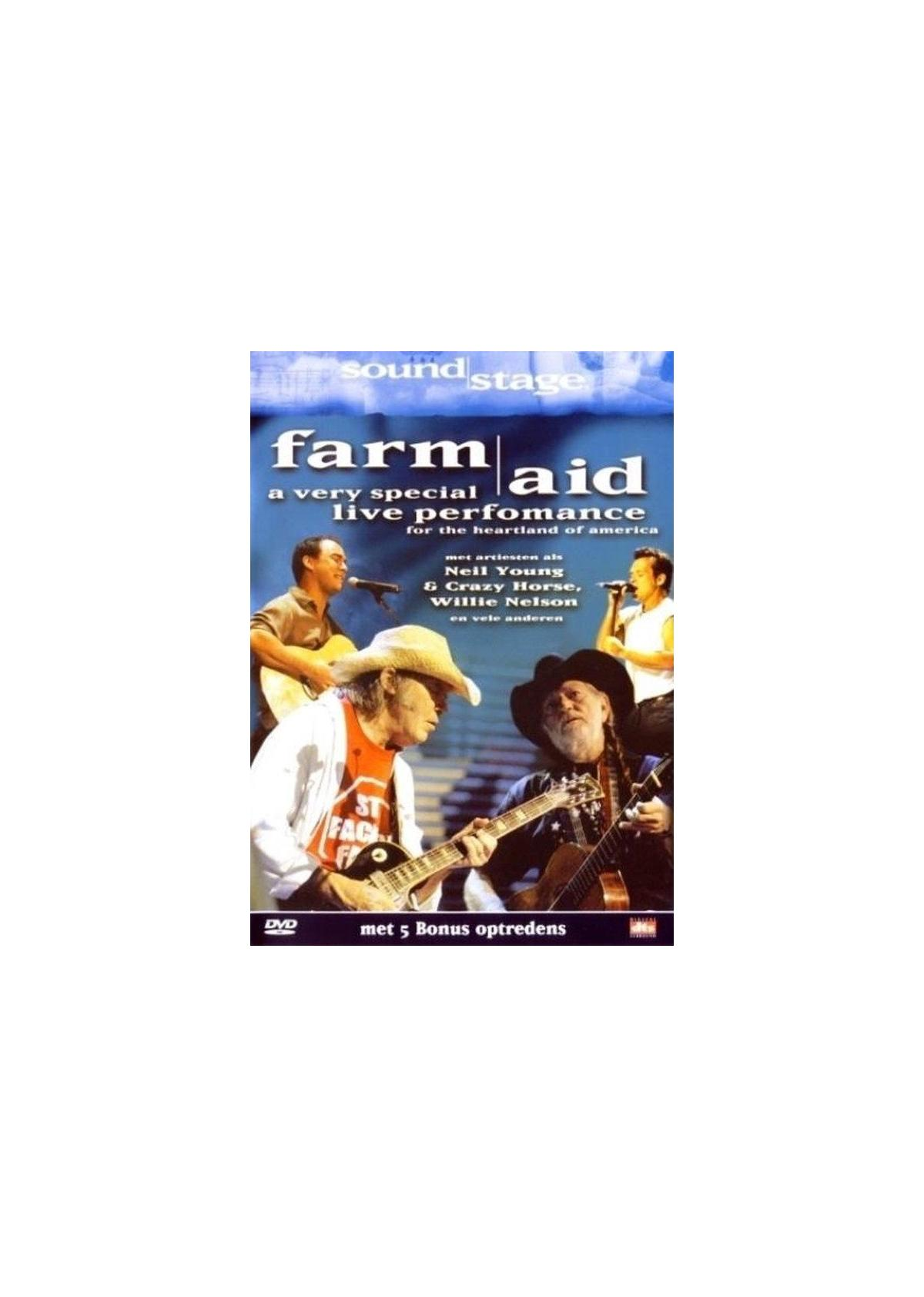 Filmposter met muzikanten op een podium, titel 'Farm Aid'.