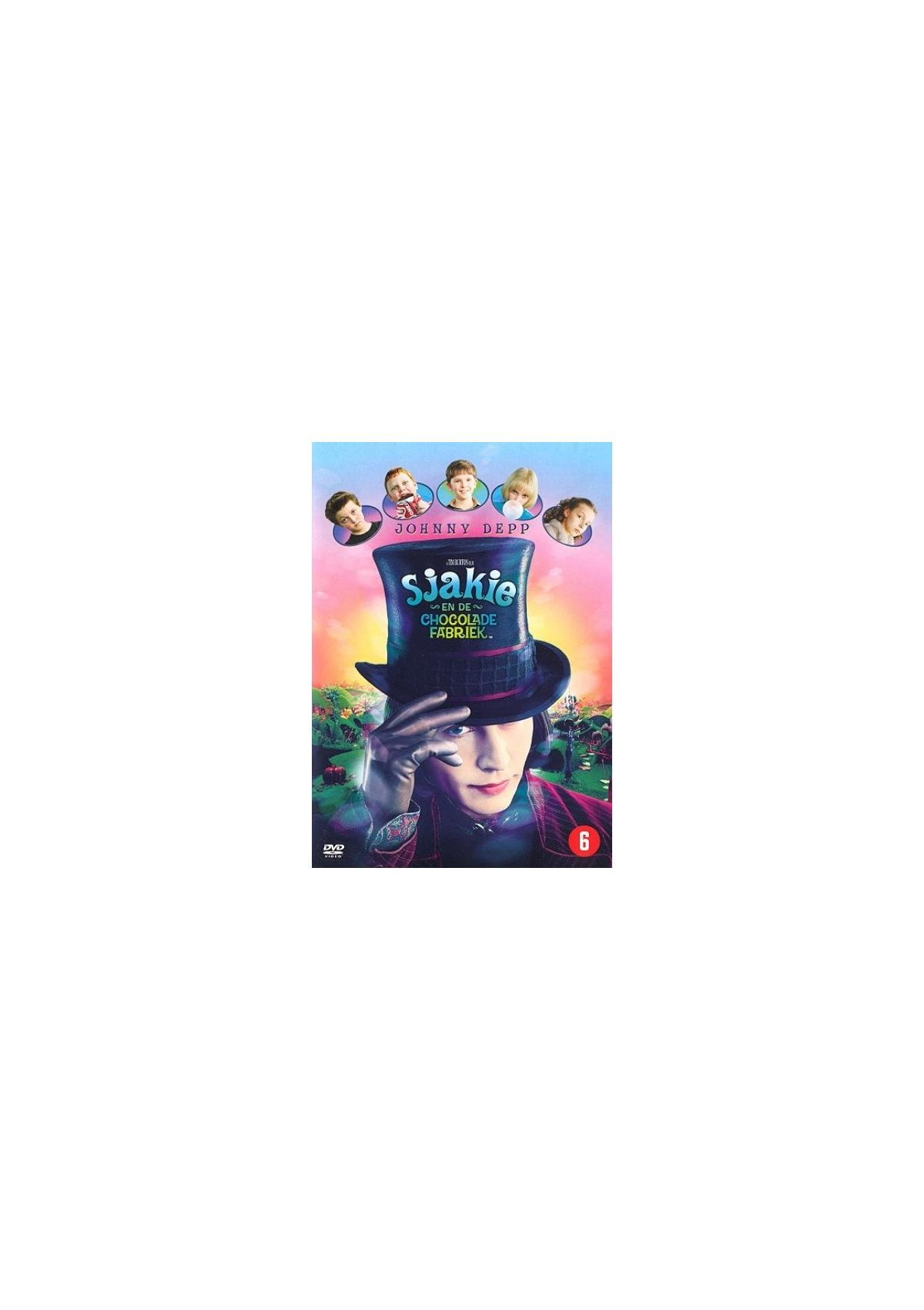 Affiche du film: Sjakie en de chocoladefabriek. Willy Wonka avec un chapeau haut de forme, enfants autour.