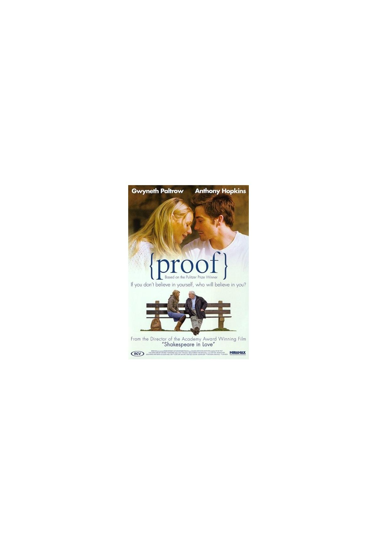 Filmposter met twee mensen die naar elkaar kijken. Titel is Proof.