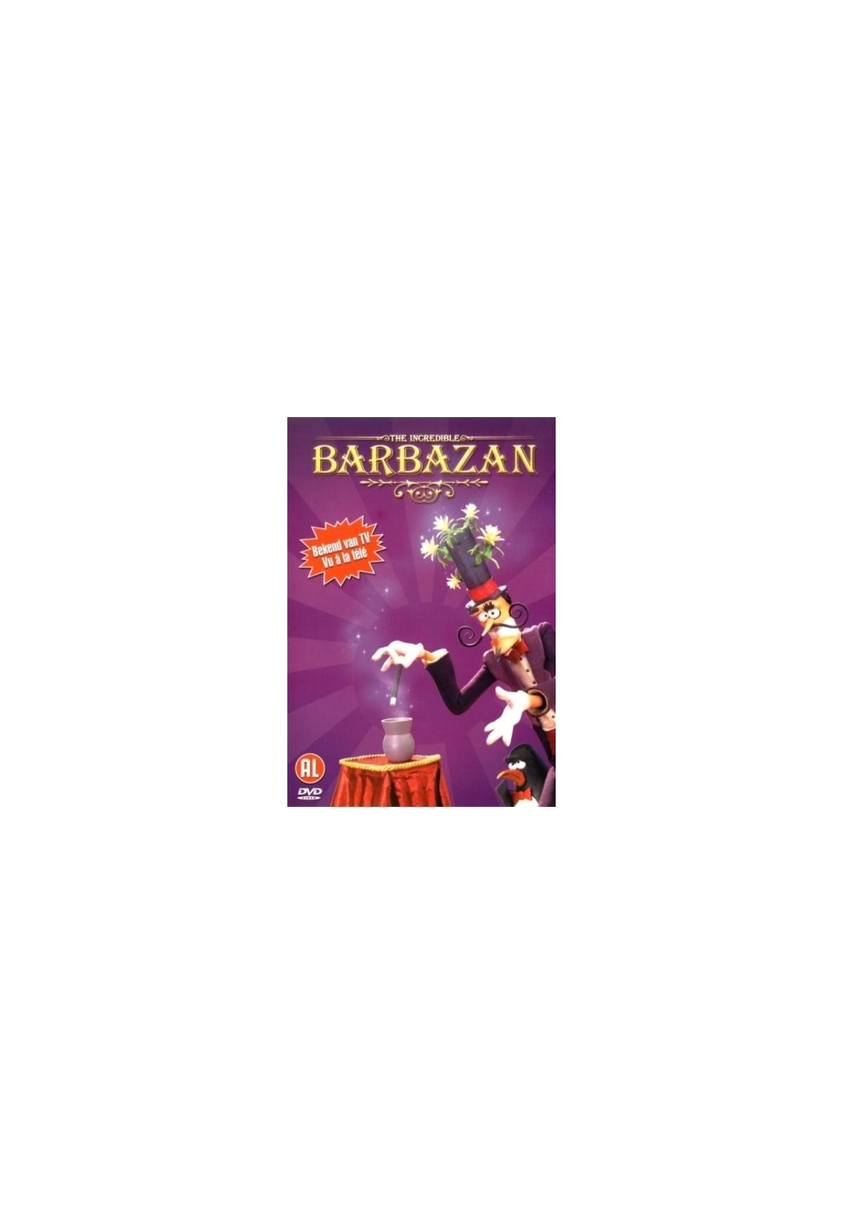 Couverture DVD: Un magicien en smoking fait un tour. Titre: 'Barbazan'. Fond violet avec des étoiles.