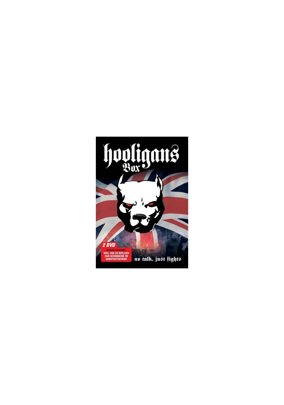 DVD-hoes: Pitbull hond voor Britse vlag. Titel: 'Hooligans Box'. Tekst: 'No talk, just fights'.