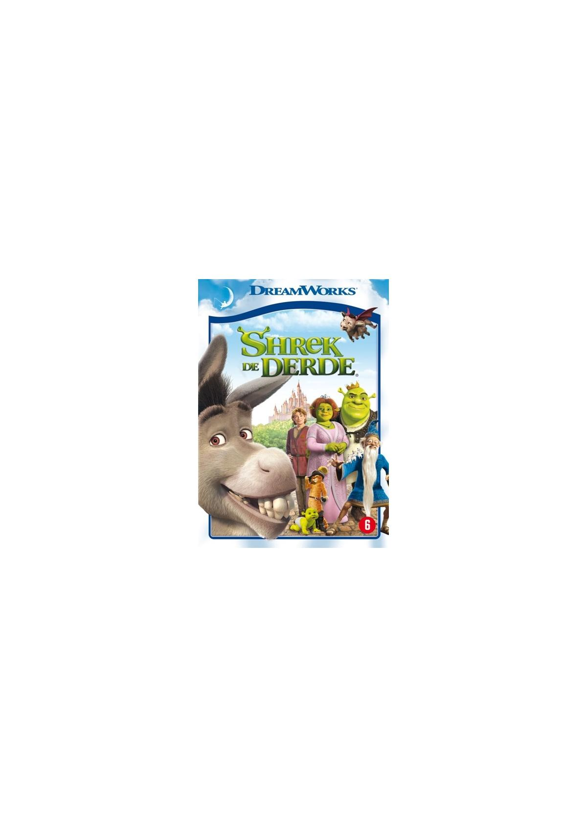 Jaquette DVD de Shrek. L'âne sourit, Shrek et Fiona se tiennent à côté d'autres sur fond bleu.