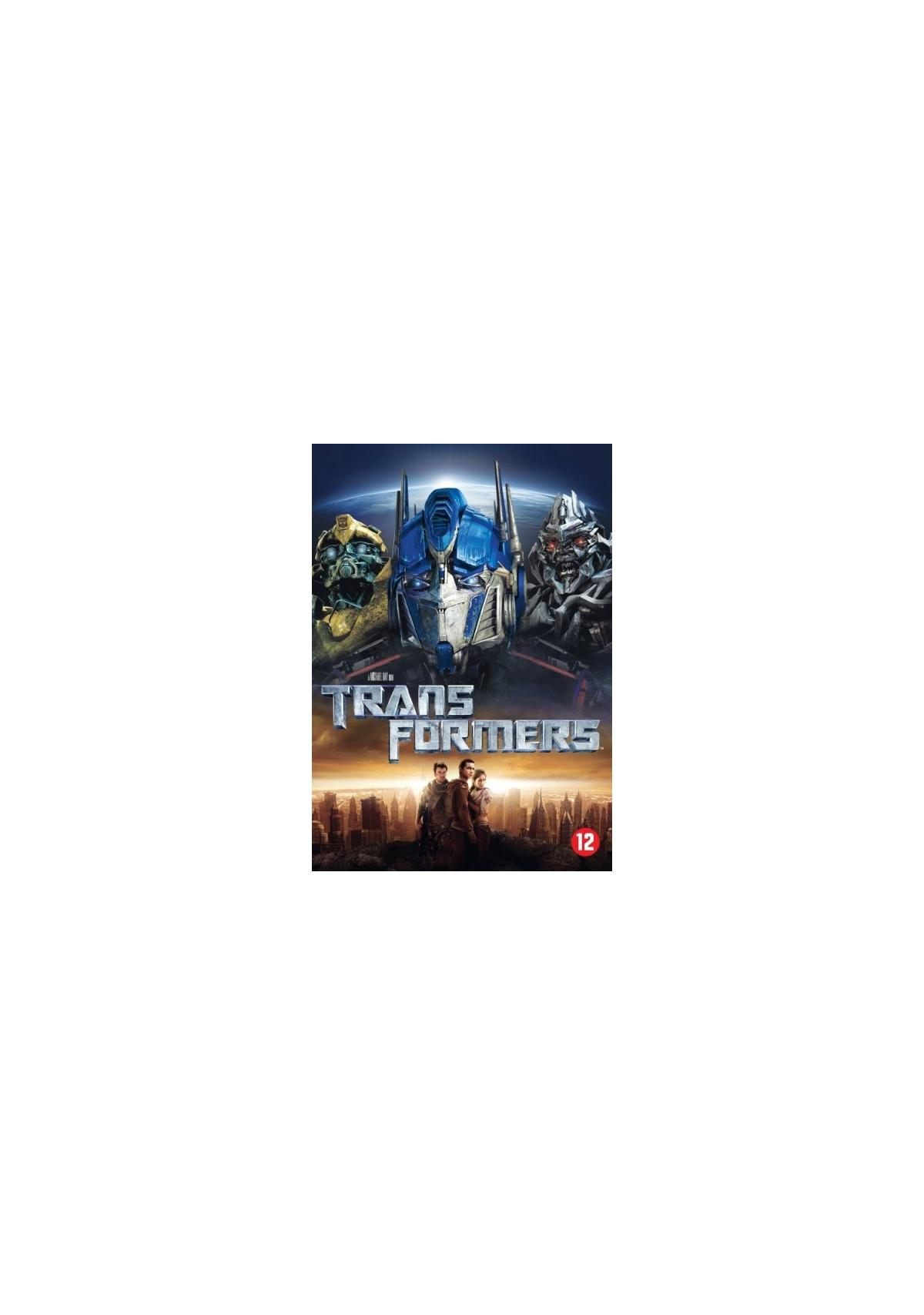 Affiche du film Transformers. Trois visages de robots au centre, des gens en bas.