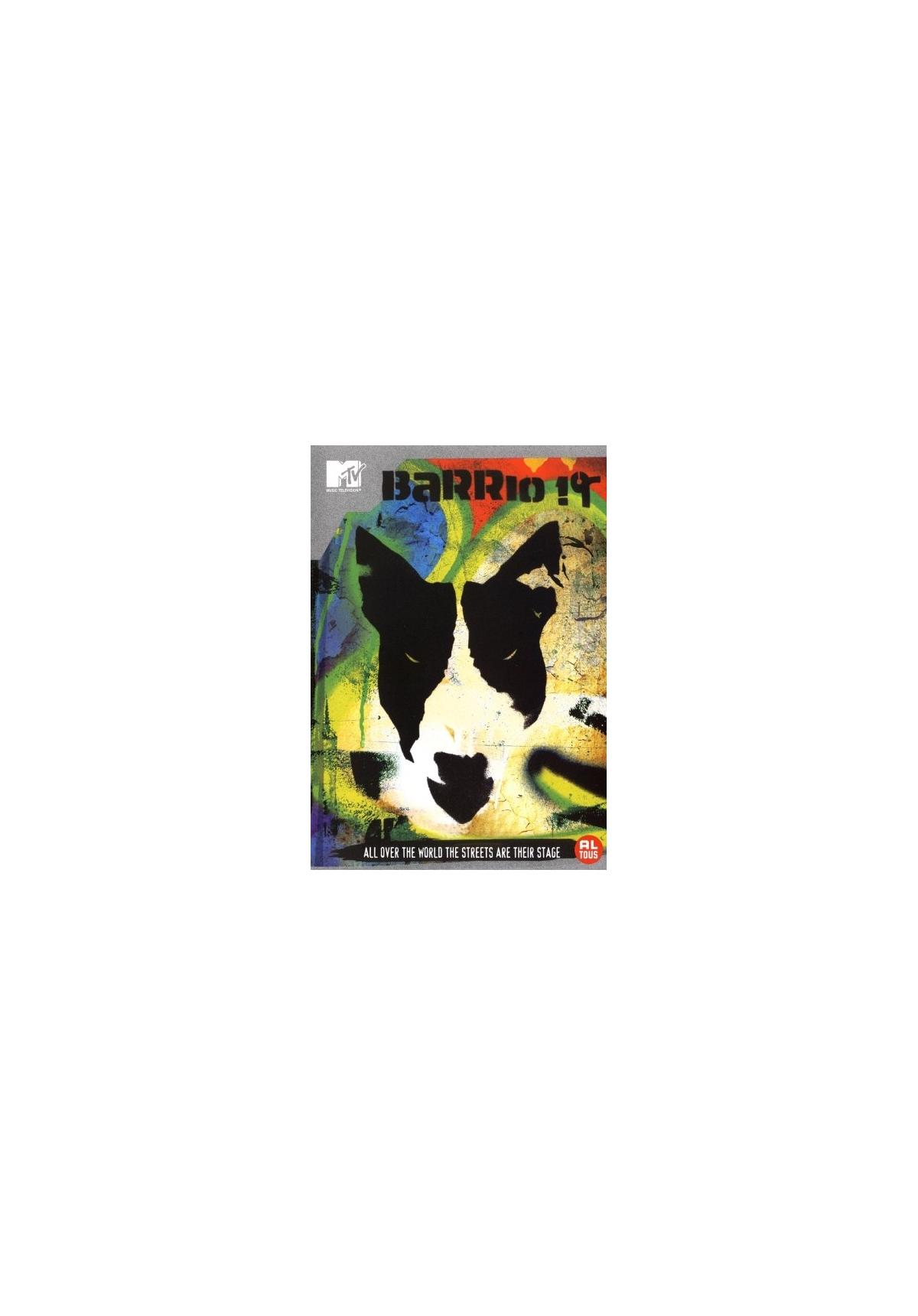 DVD-hoes voor Barrio 19, met een honden gezicht ontwerp en graffiti kunst achtergrond.
