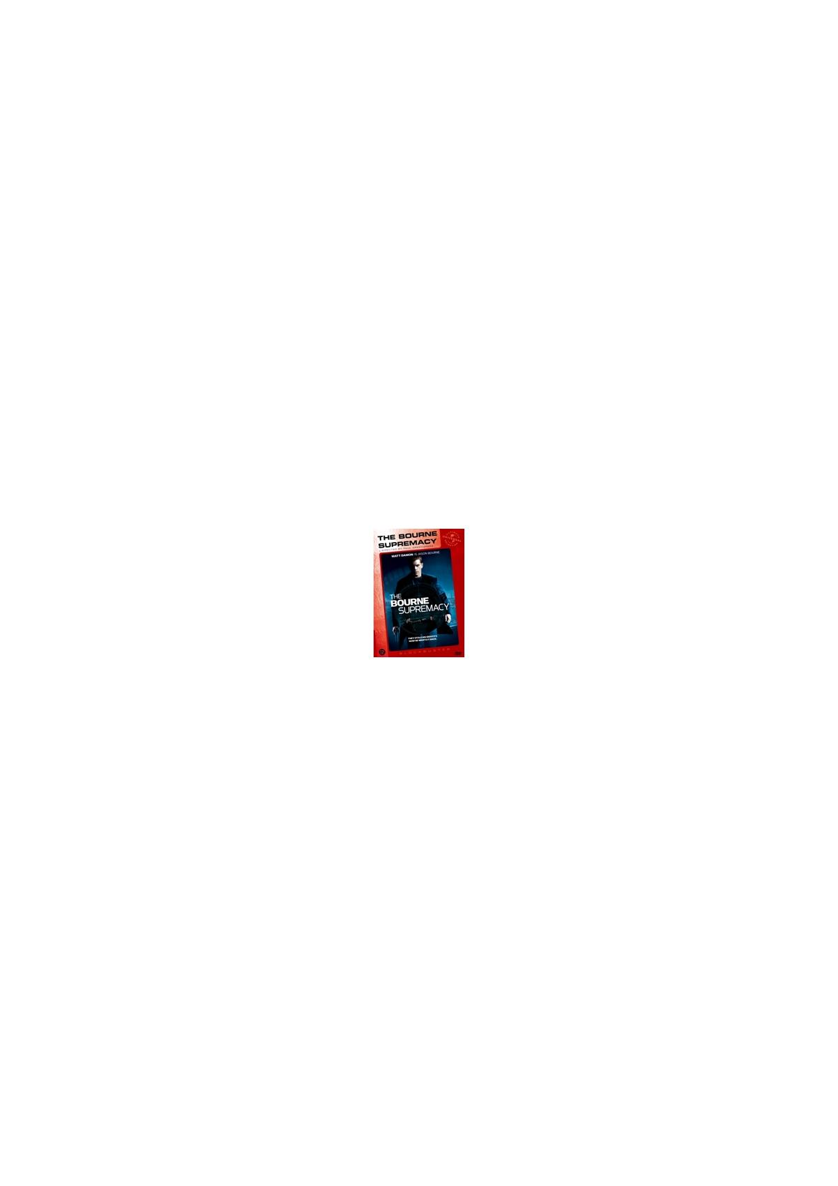 DVD-hoes: The Bourne Supremacy. Een man in een auto, titel en donkere achtergrond.
