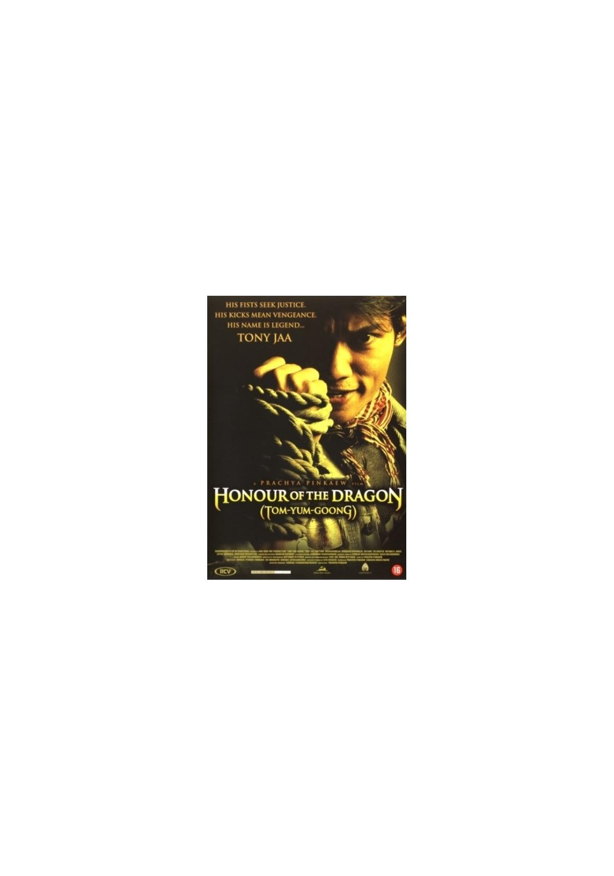 DVD-hoes van Honour of the Dragon. Een man met een sjaal houdt een touw vast, met tekst erboven en eronder.