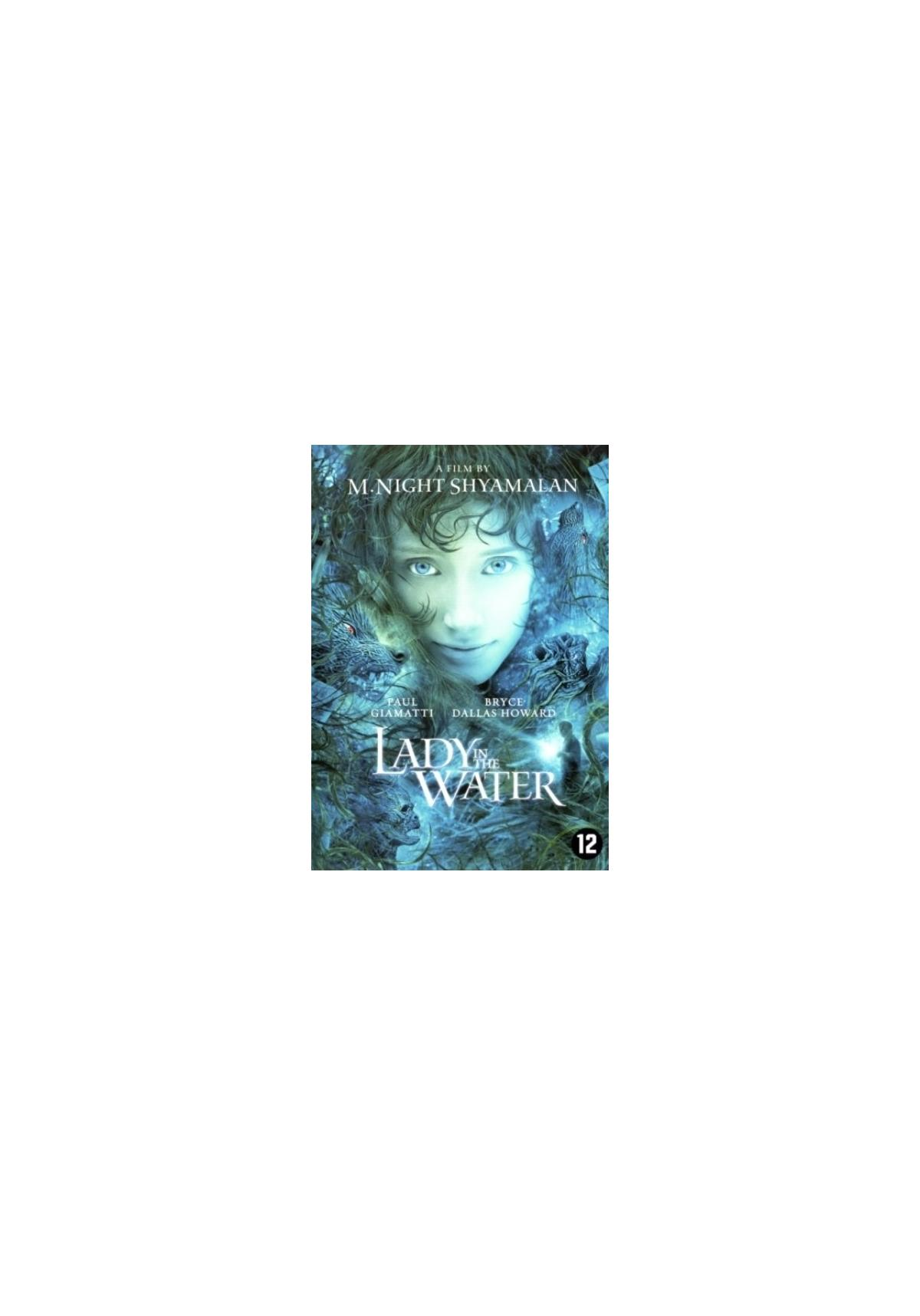 Filmposter voor 'Lady in the Water' met een gezicht. Blauw en groen op de achtergrond.