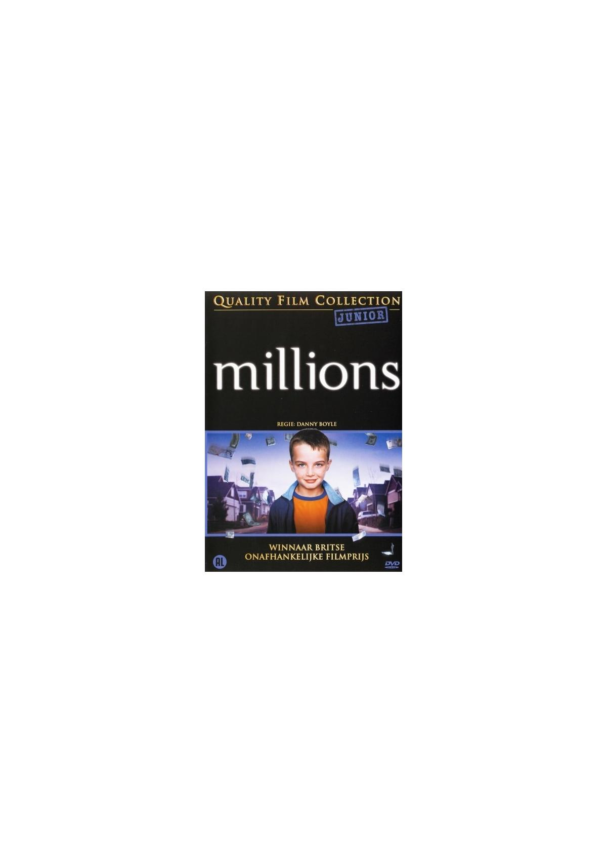 Affiche de film d'un garçon avec de l'argent autour de lui. Le titre est 'millions'.