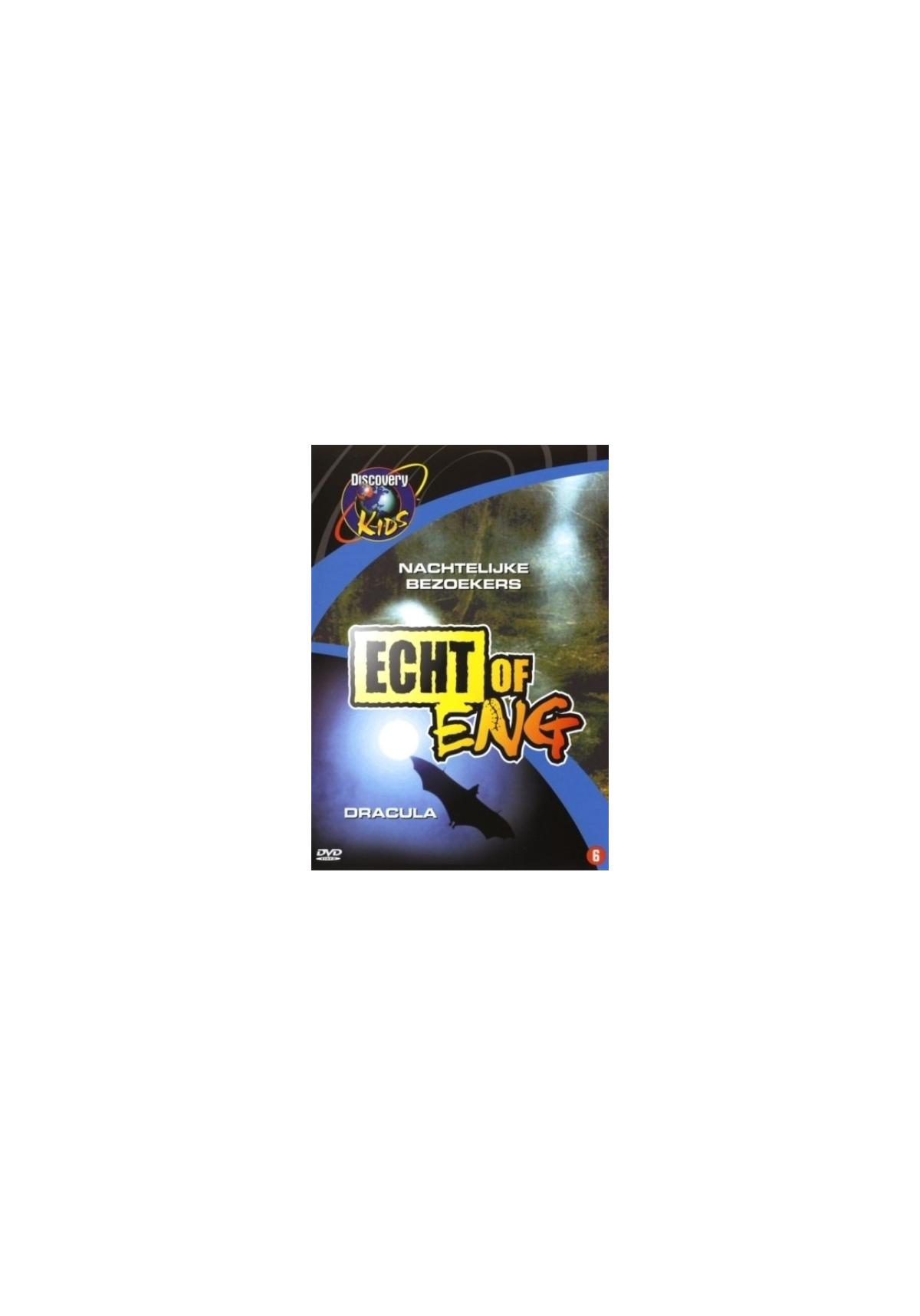 DVD-hoes: 'Echt of Eng' met vleermuissilhouet, 'Dracula'. Discovery Kids-logo. Groen, blauw en wit.