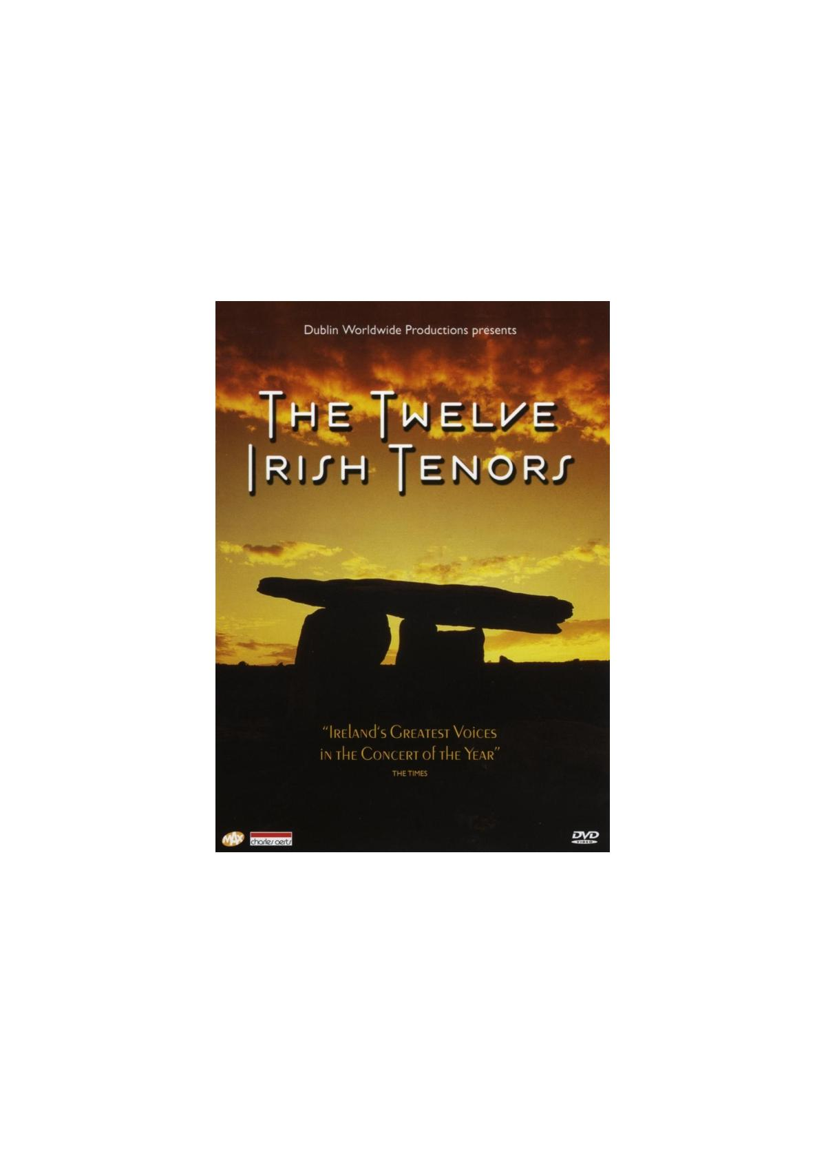 Couverture du film. The Twelve Irish Tenors. Silhouette d'une formation rocheuse et texte.