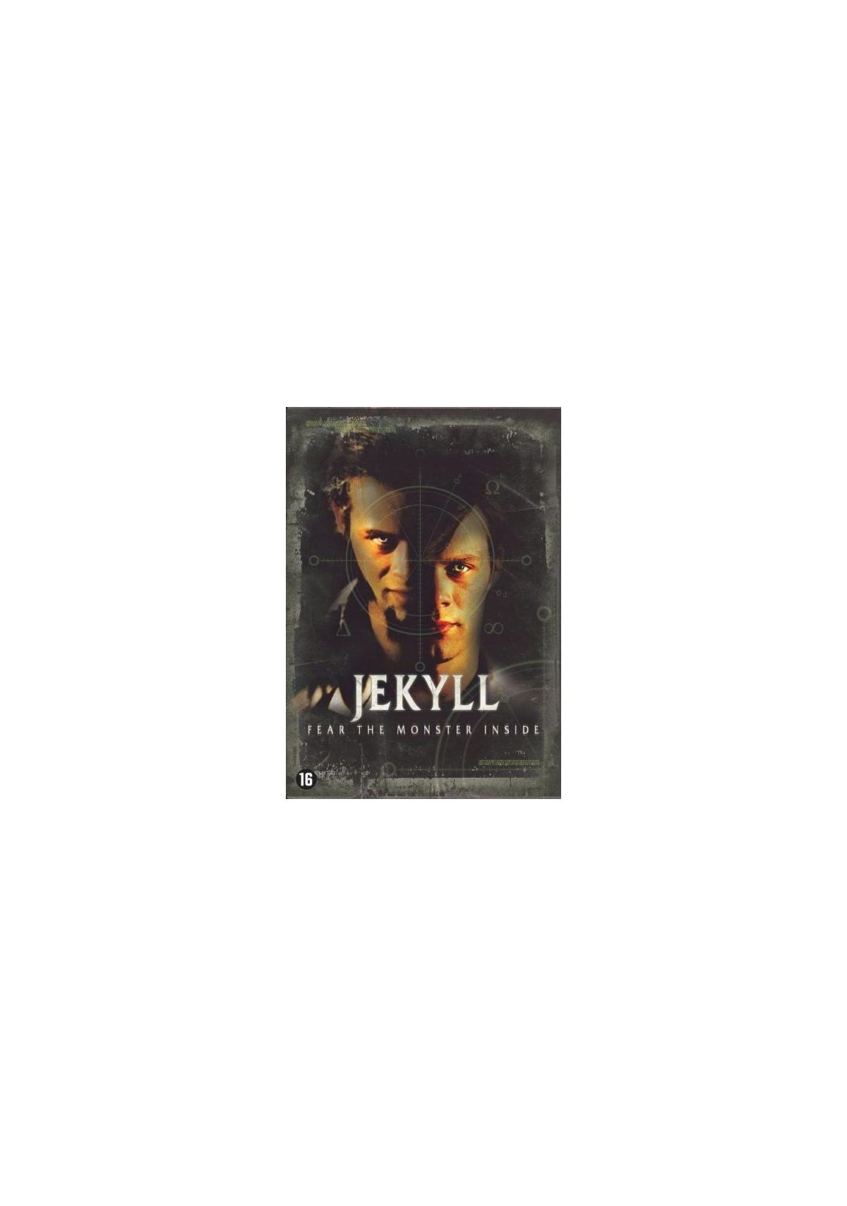 DVD-cover: 'Jekyll', met een man verdeeld in twee gezichten, donker en licht, met waarschuwing.