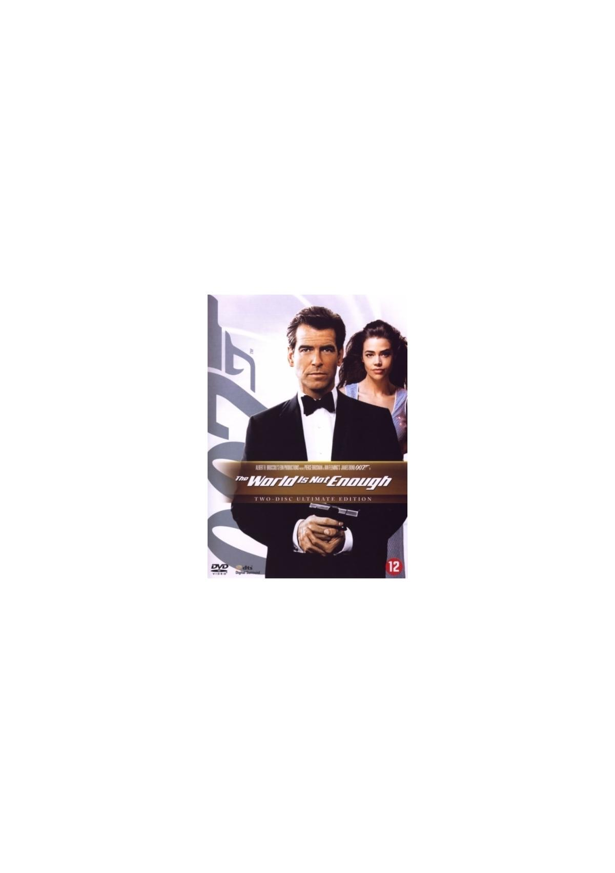 Couverture de DVD du film avec Pierce Brosnan en smoking, tenant une arme à feu, avec une femme en arrière-plan. Le titre est 'The World Is Not Enough'.