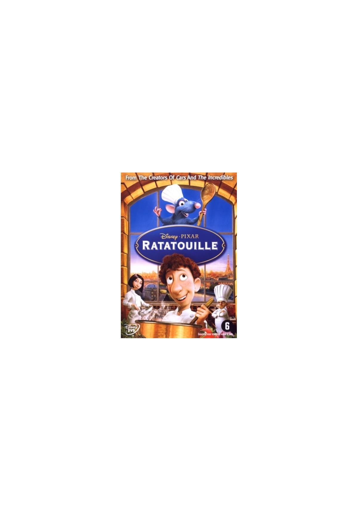 Couverture DVD de 'Ratatouille'. Avec un rat, un chef et une femme.