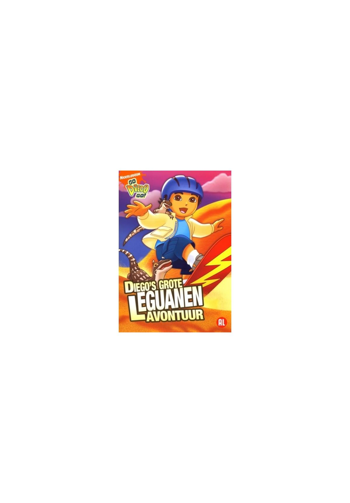 Dvd-hoes voor 'Diego's Grote Leguanen Avontuur'. Diego surft met een leguaan.
