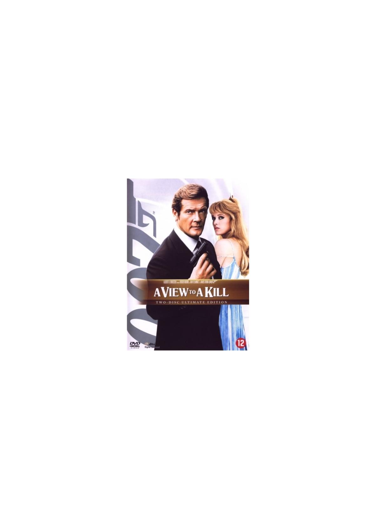 Couverture DVD de 'A View to a Kill'. Un homme en costume, tenant une arme, et une femme à côté.