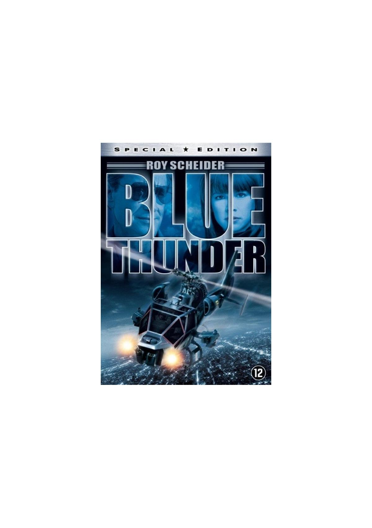 Affiche du film Blue Thunder, avec un hélicoptère au-dessus d'une ville.