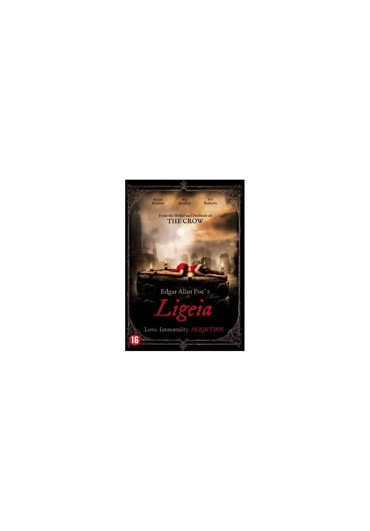 Couverture du film "Ligeia". Présente une pierre tombale avec une scène gothique et une bordure sombre.