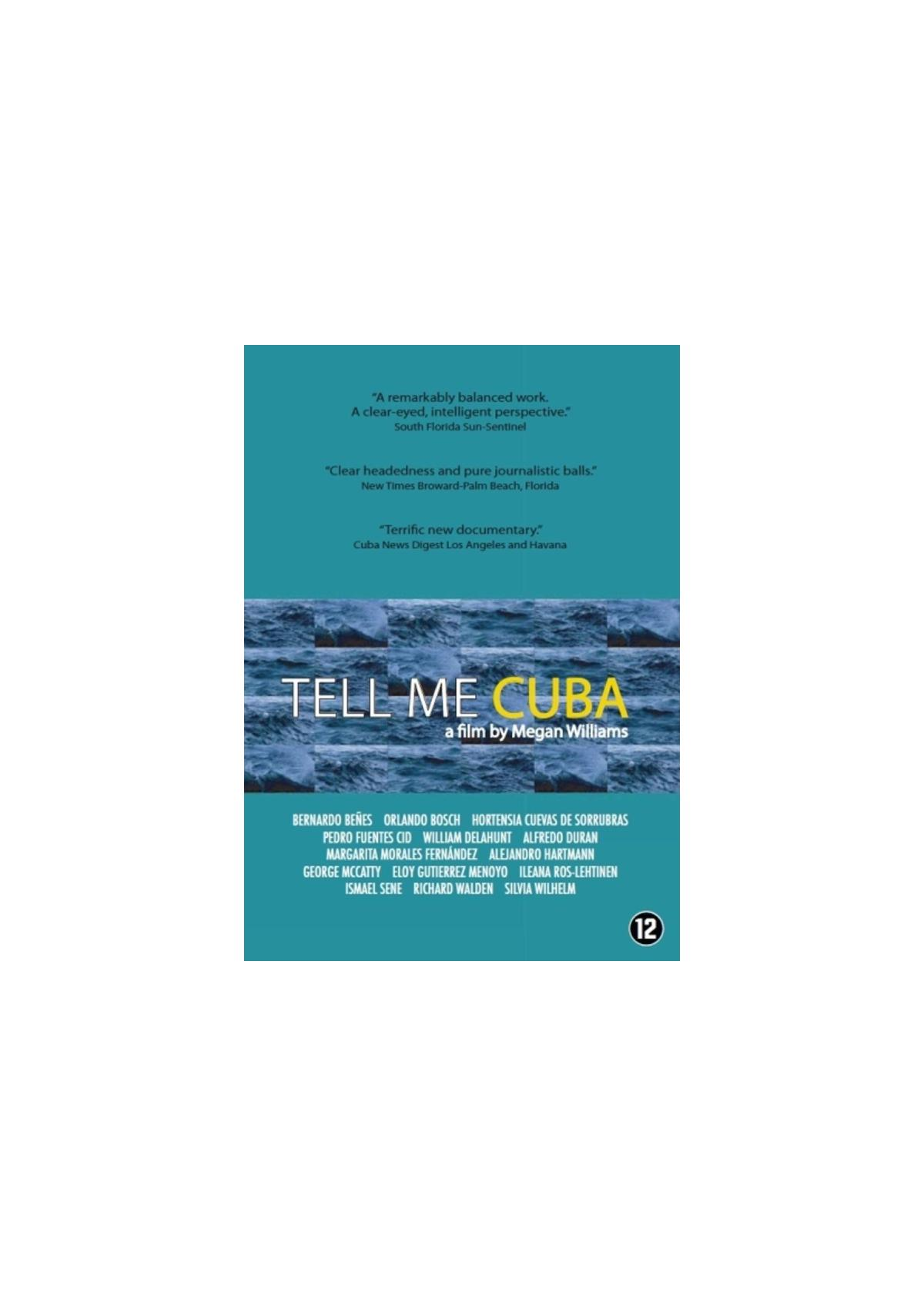 Couverture DVD pour Tell Me Cuba, avec un fond bleu et du texte avec un titre de film.