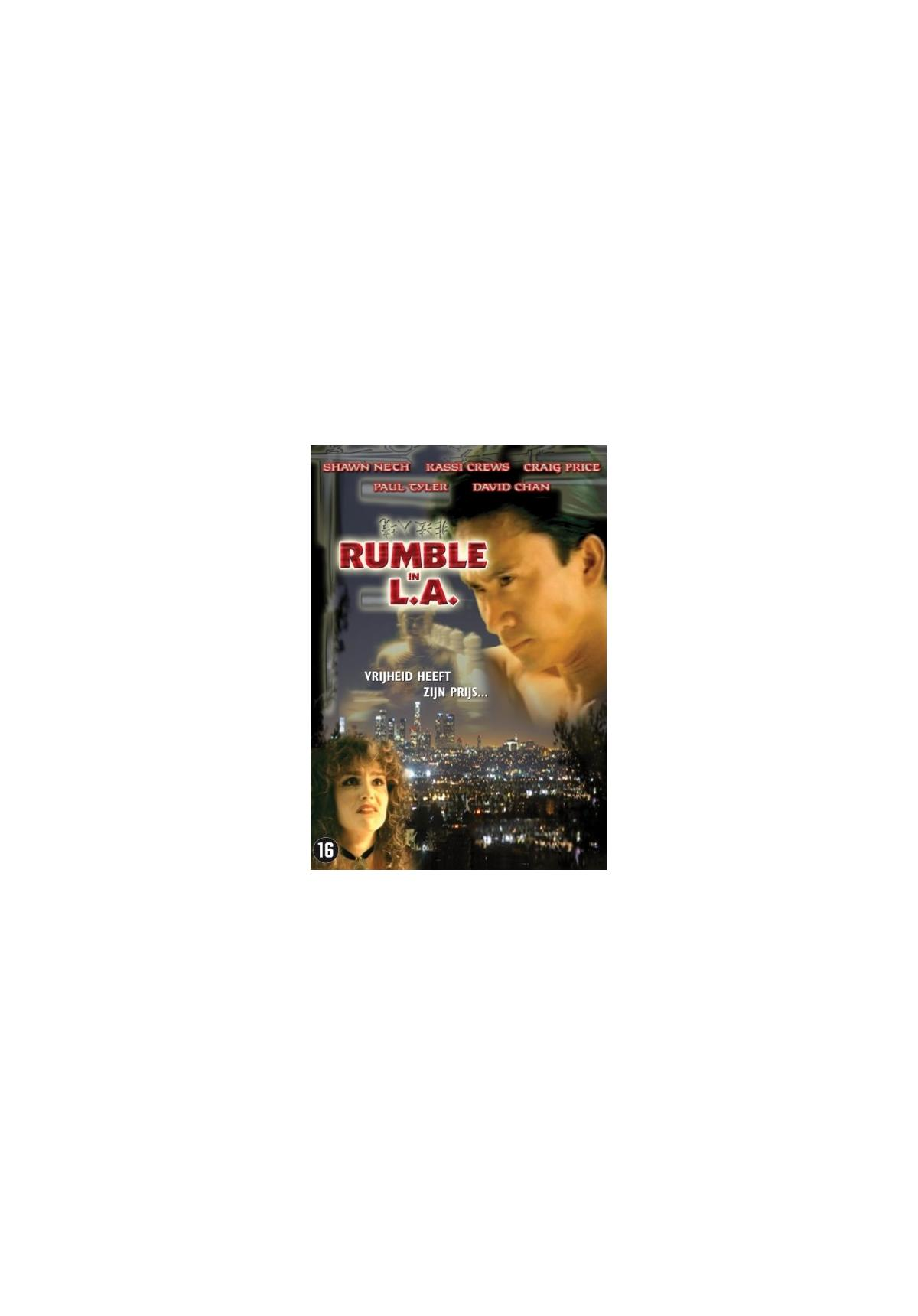 Filmposter: Rumble in L.A. Twee mensen kijken naar een stad 's nachts, met de titel.
