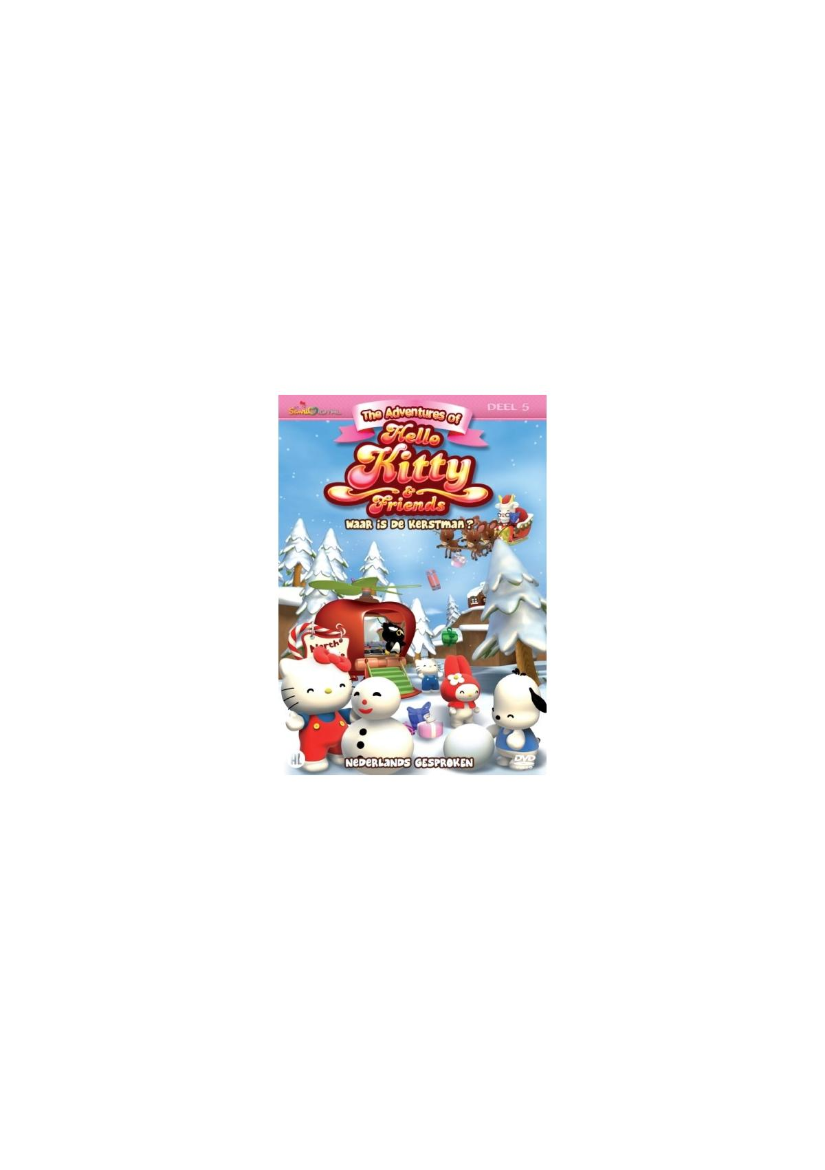 DVD-hoes: Hello Kitty met vrienden in de sneeuw. Titel: 'The Adventures of Hello Kitty'.